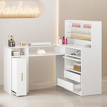 L-Shaped Manicure Table with Shelves, Glass Top Nail Table Station Acetone Resistant w/Storage Drawers, LED Lights, Cabinet, Wrist Cushion & Gold HandlesWhite
