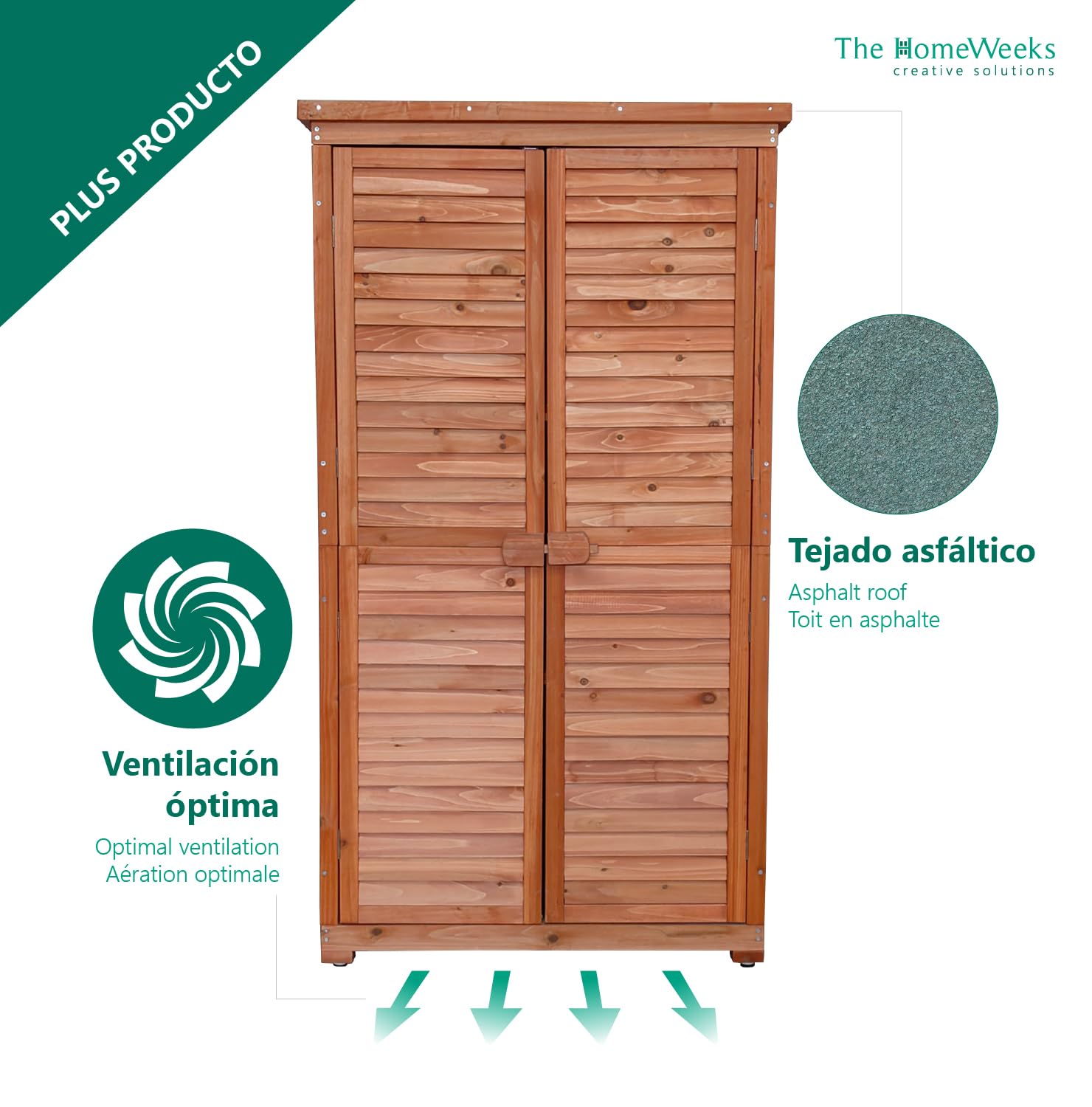 The Homeweeks Cobertizo Armario Jardín IRATI | Madera Tratada Maciza | 87 * 46 * 160cm. | Armario Multiusos | Impermeable | para Almacenamiento de Herramientas y Accesorios de Jardin | Doble Puerta.