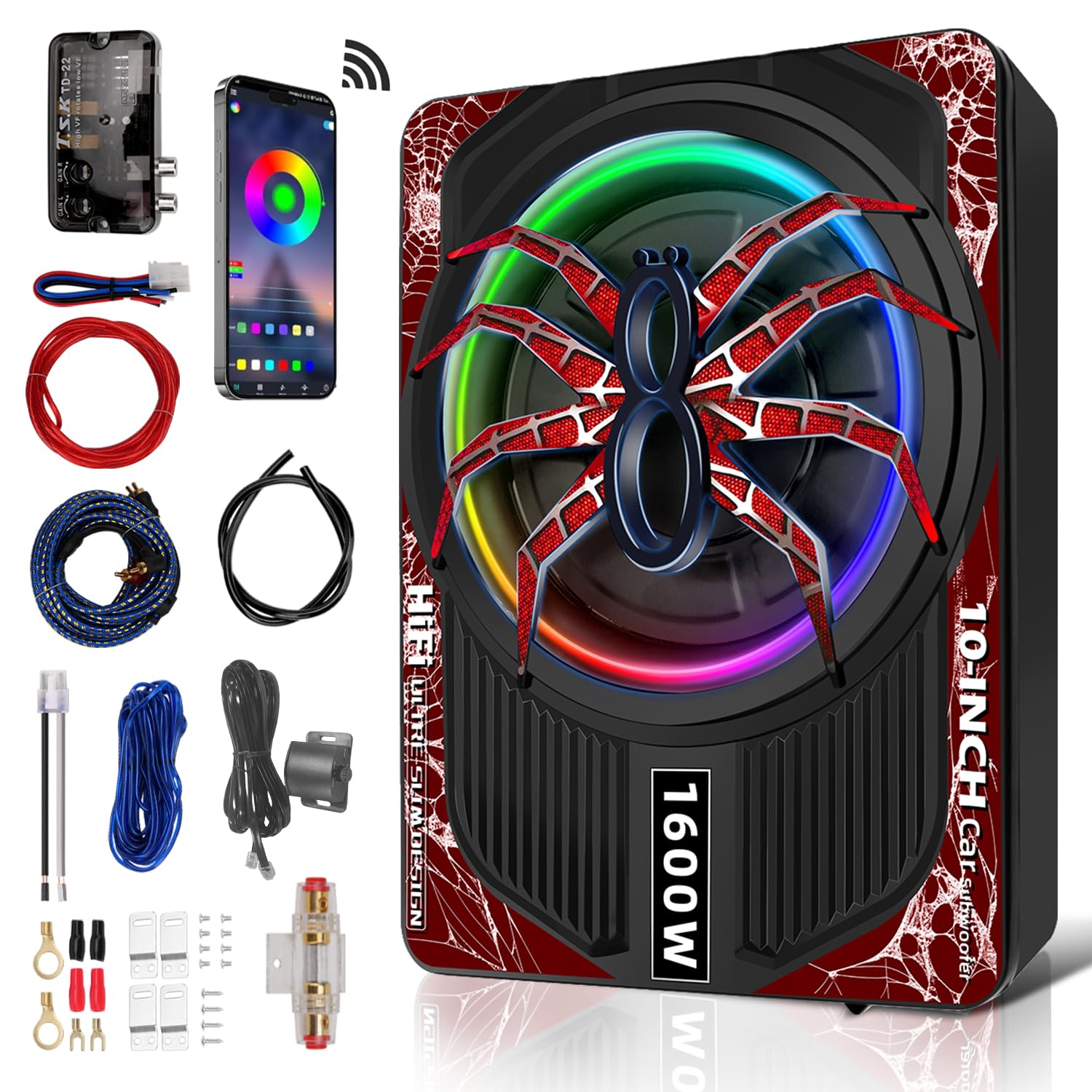 1600W 10" Slim Under Seat Subwoofers with Built-in Amp | LED Ambient Light, Deep Bass, Individual Controls (LPF/Gain/Bass Boost), High Output Distortion-Free Audio, Suitable for All Vehicle Models （a)