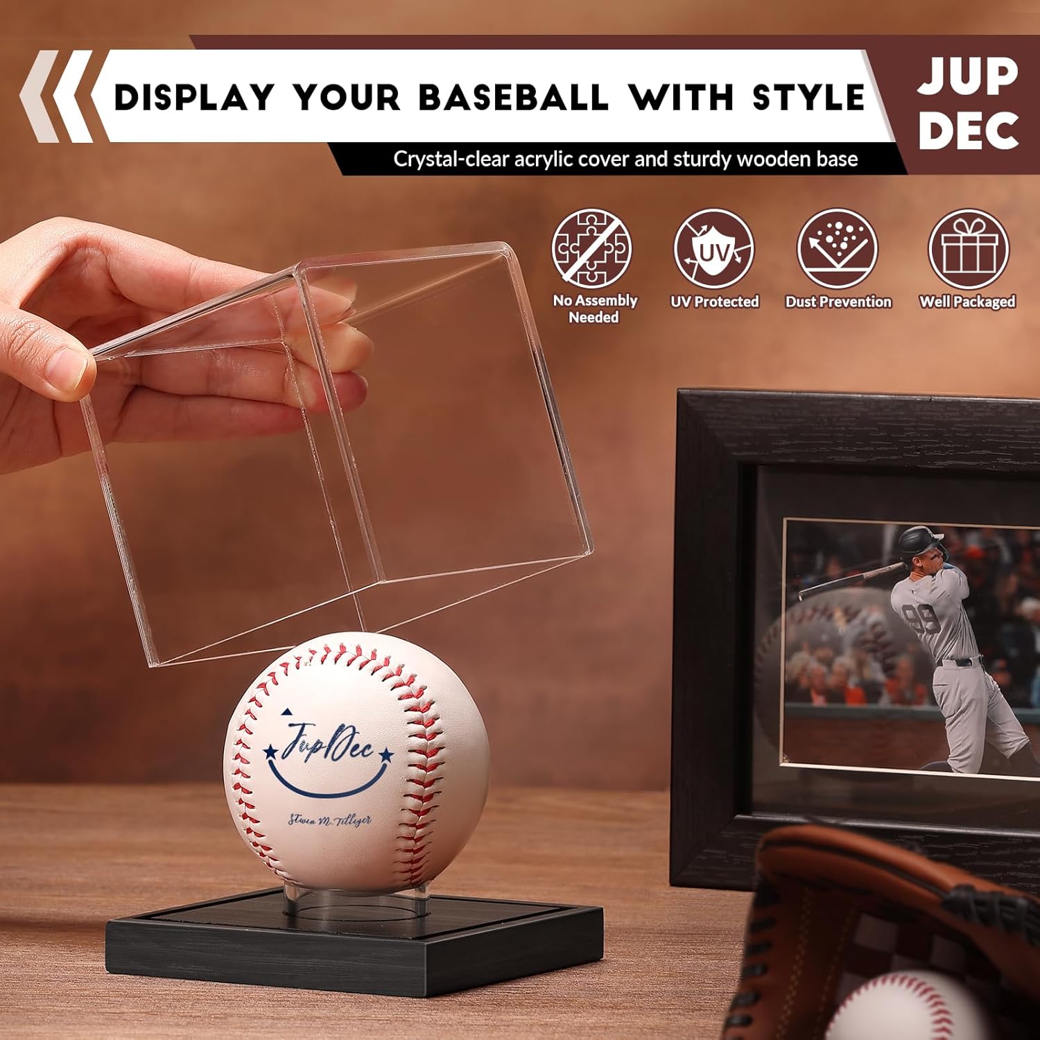 JupDec Baseball Display Case, Clear Cube Baseball Holder with Wooden Base, Autograph Baseball Stand Box for Single Ball, Acacia Wood, Black, 1 Pack - Image 2