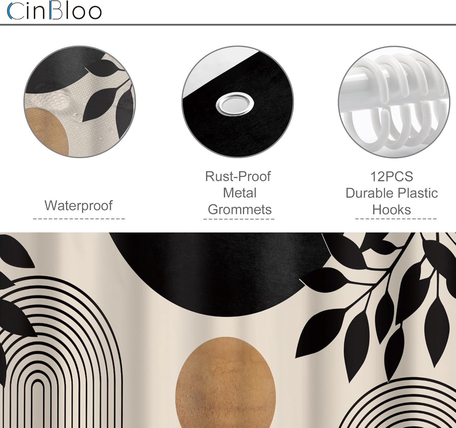 Cinbloo 4Pcs Boho Mid Century Shower Curtain Set,Abstract Modern Plant Botanical Geometric Leaf Arch Sun Bathroom Curtain with Rug, Toilet Lid Cover, Bath Mat,Minimalist Shower Curtain with 12 Hooks