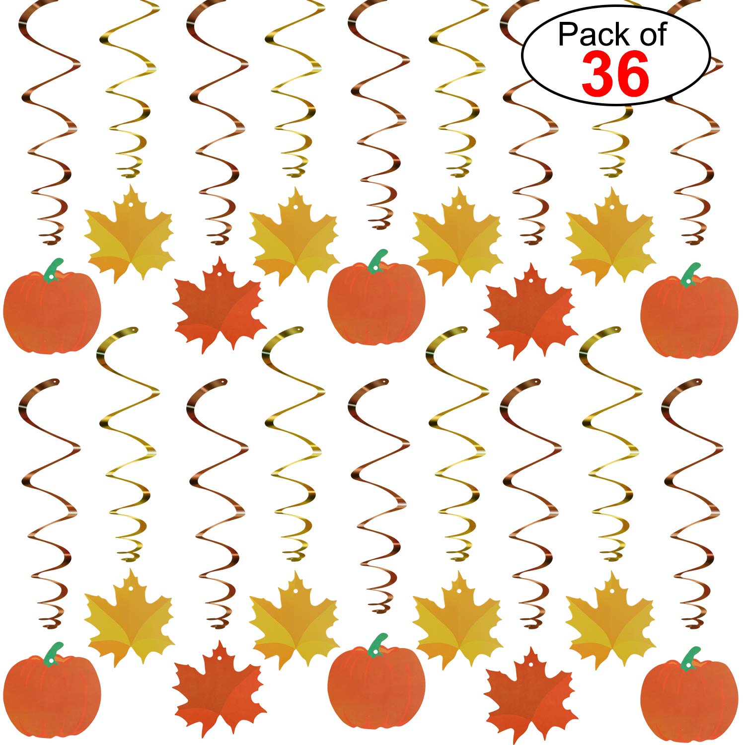 Konsait36 Count Thanksgiving Swirl Hanging Decorations, Autumn Pumpkin Maple Leaf Swirls, Fall Themed Door Ceiling Decor for Party Favors and Supplies