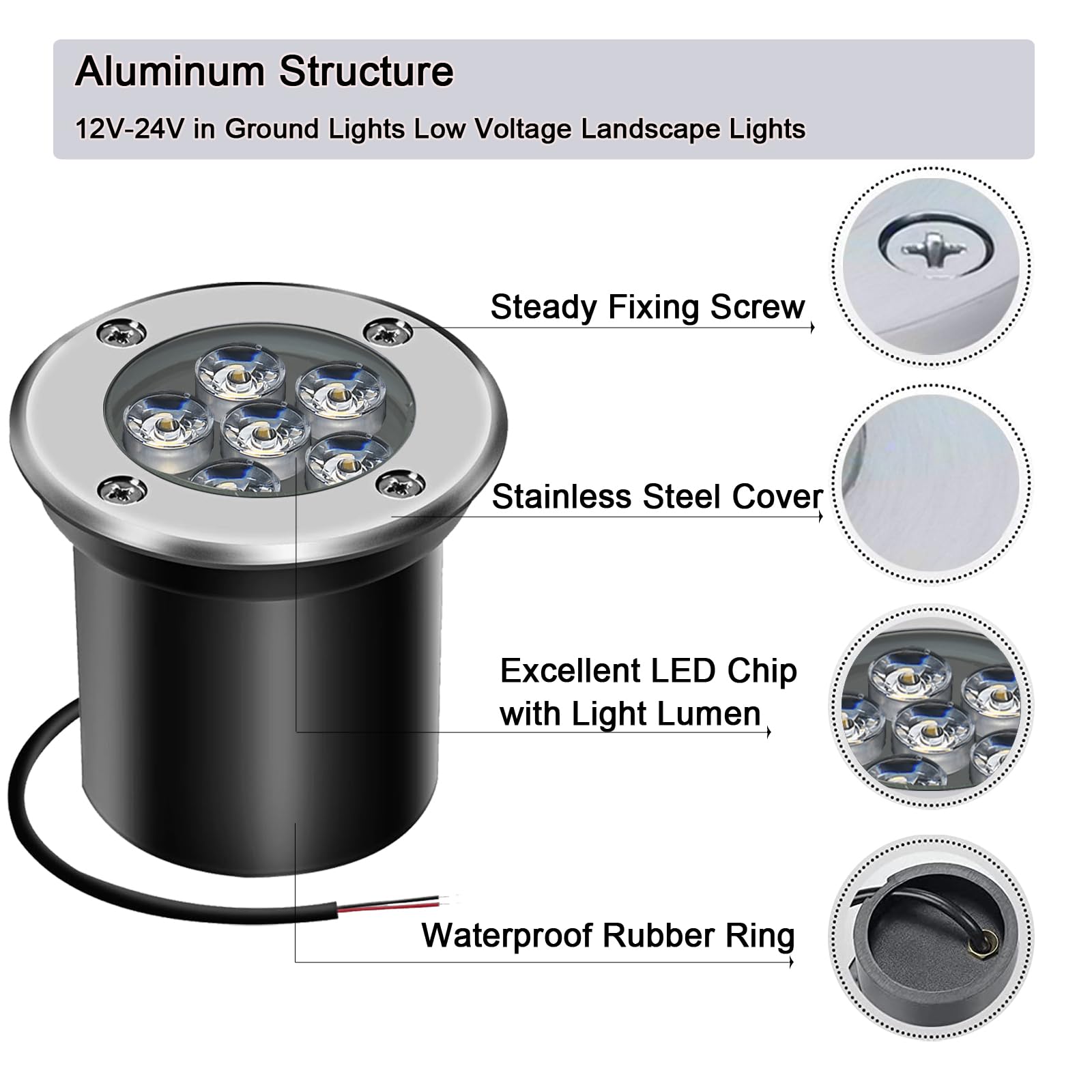 4PCS 6W LED Foco Empotrable de Suelo al Aire Libre, Luz de Camino 600 Lumen, Blanco frío 6500K 90°, para Iluminacion de Camino Jardín, IP67Impermeable(12V 24V)