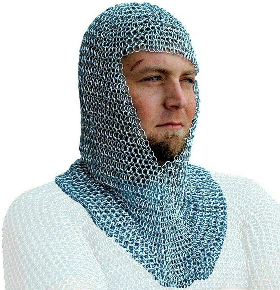 Chainmail Coif Aluminum V-Neck | Chain Mail Hood Medieval Reenacment Armor Costume Silver Replica