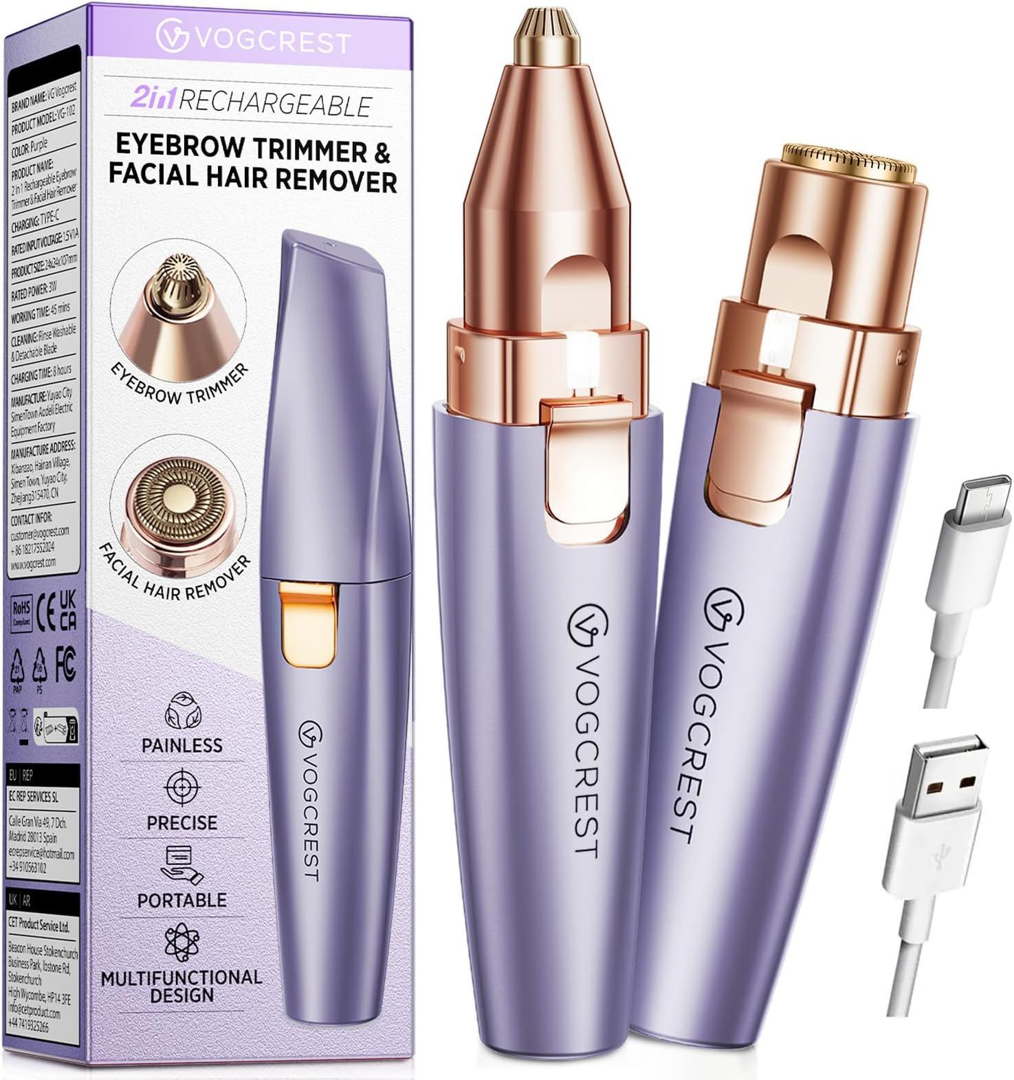 Rechargeable Eyebrow Trimmer & Facial Hair Remover for Women, 2 IN 1 Eyebrow Razor and Flawless Hair Remover, Eyebrow Lips Nose Body Facial Hair Removal for Women with Built-in LED Light (Purple)
