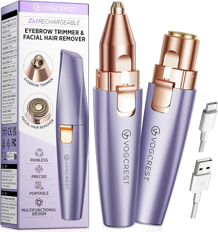 Aparador de sobrancelhas e pelos faciais VG VOGCREST VG-102 com luz LED, recarregável via USB, Solar Purple