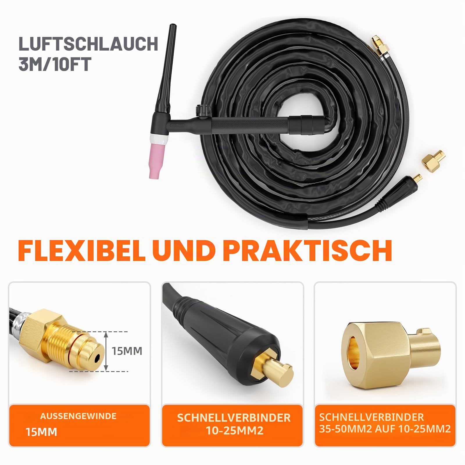 FEIFANKE WP-17V Argon WIG Schlauchpaket 10-50mm² Anschluss 3.0M Lederholster Schlauchpaket mit Zubehör Kompatibel mit ARC140 MIG135 Schweißgeräten