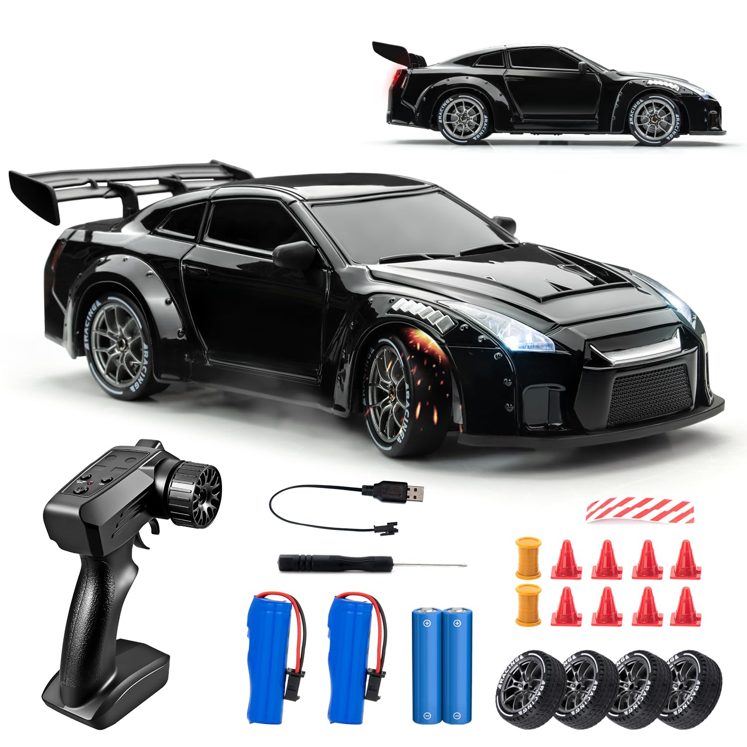 1/24 4WD RC Drift Car, 2.4GHz 20KM/H High Speed Remote Control Racing Car with Drifting Tires, Gift for Kids Adults Black