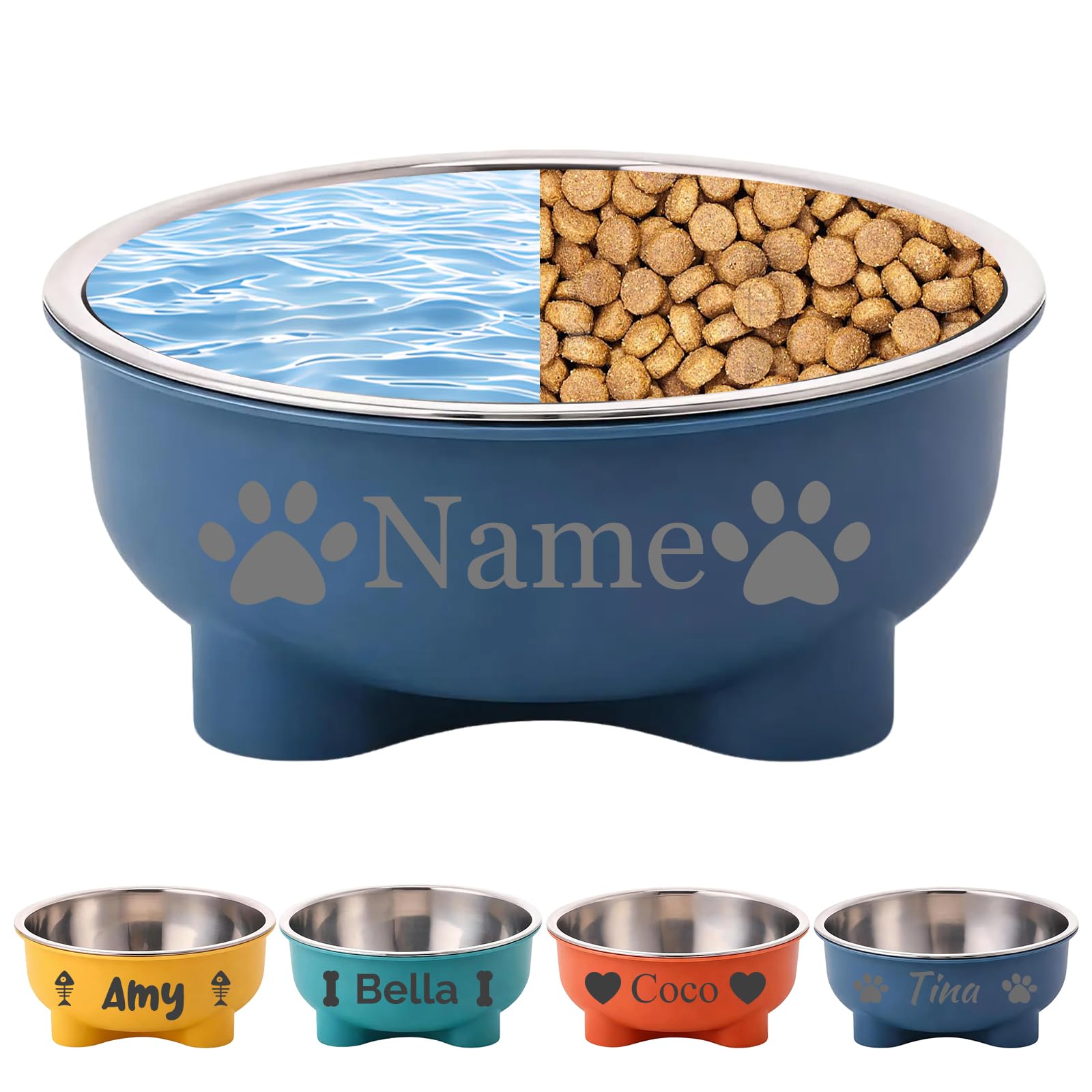 Personalised Pet Bowl with Name Engraving, Custom Stainless Steel Dog or Cat Food & Water Dish, 500ml Neck Relief Feeder Bowl (Blue)