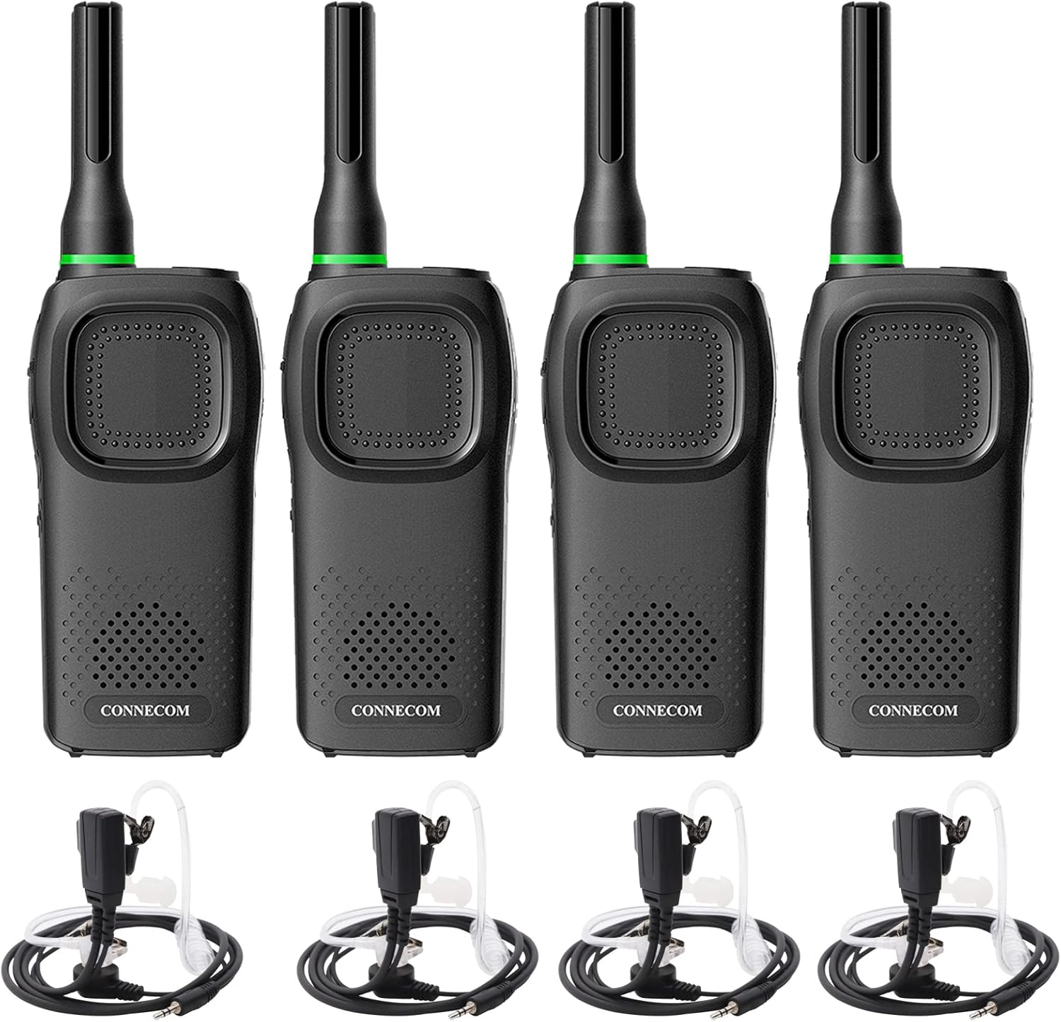 Four CONNECOM GA80 walkie-talkies with their respective earpieces and charging bases.