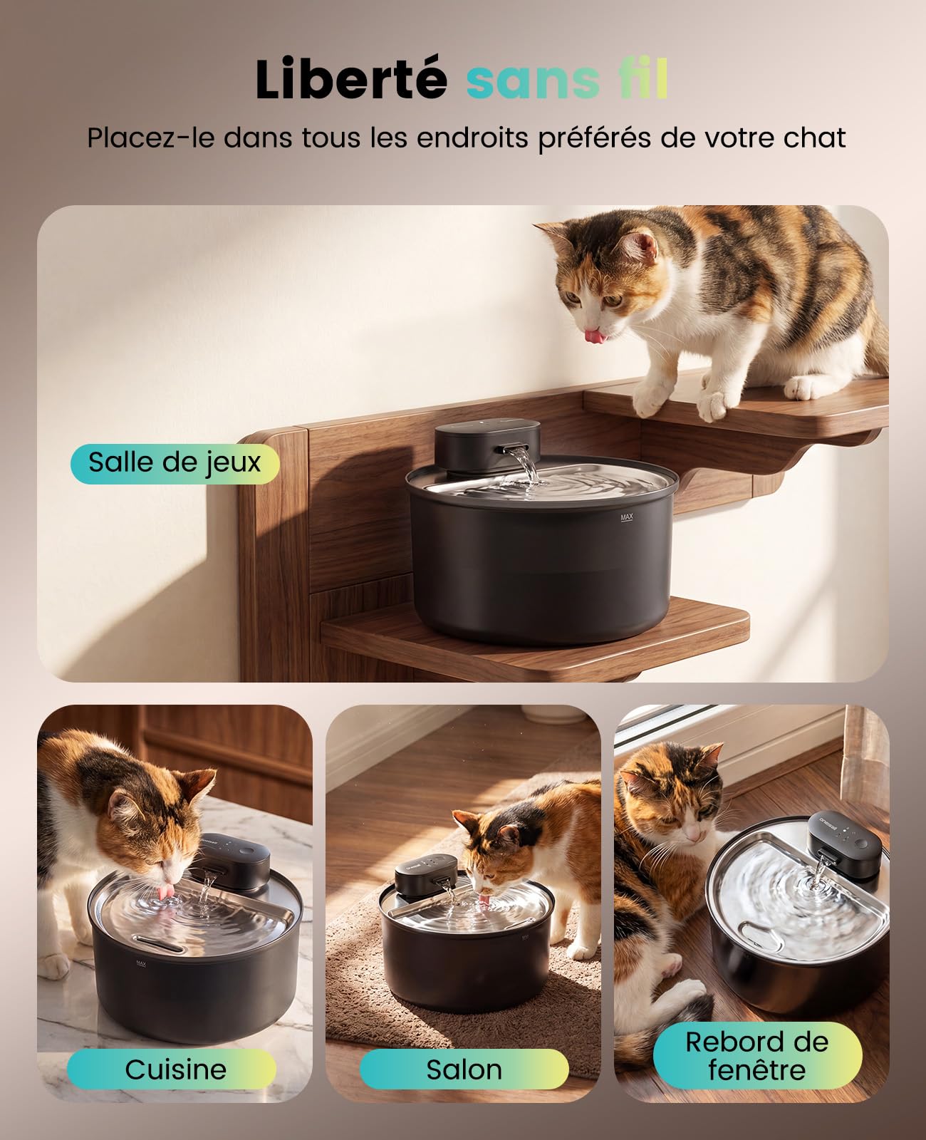 oneisall Fontaine à Eau sans Fil pour Chat 3,2 L, Bac en Acier Inoxydable | Pompe Intégrée SilentFlow™ 20 dB, Batterie 4000 mAh, autonomie 45j, recharge USB-C, 3 Modes d'Eau, ABS/PP certifié ISCC