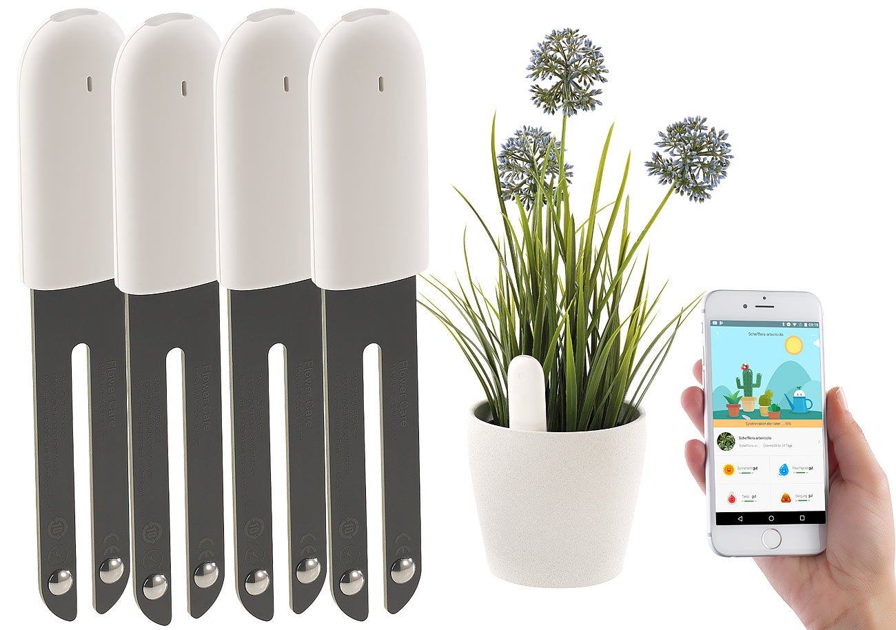 Royal Gardineer Gießanzeiger: 4er-Set 4in1-Pflanzensensoren SUN-141 mit Bluetooth und App-Kontrolle (Gießanzeiger elektronisch, Pflanzenwächter, Topf)