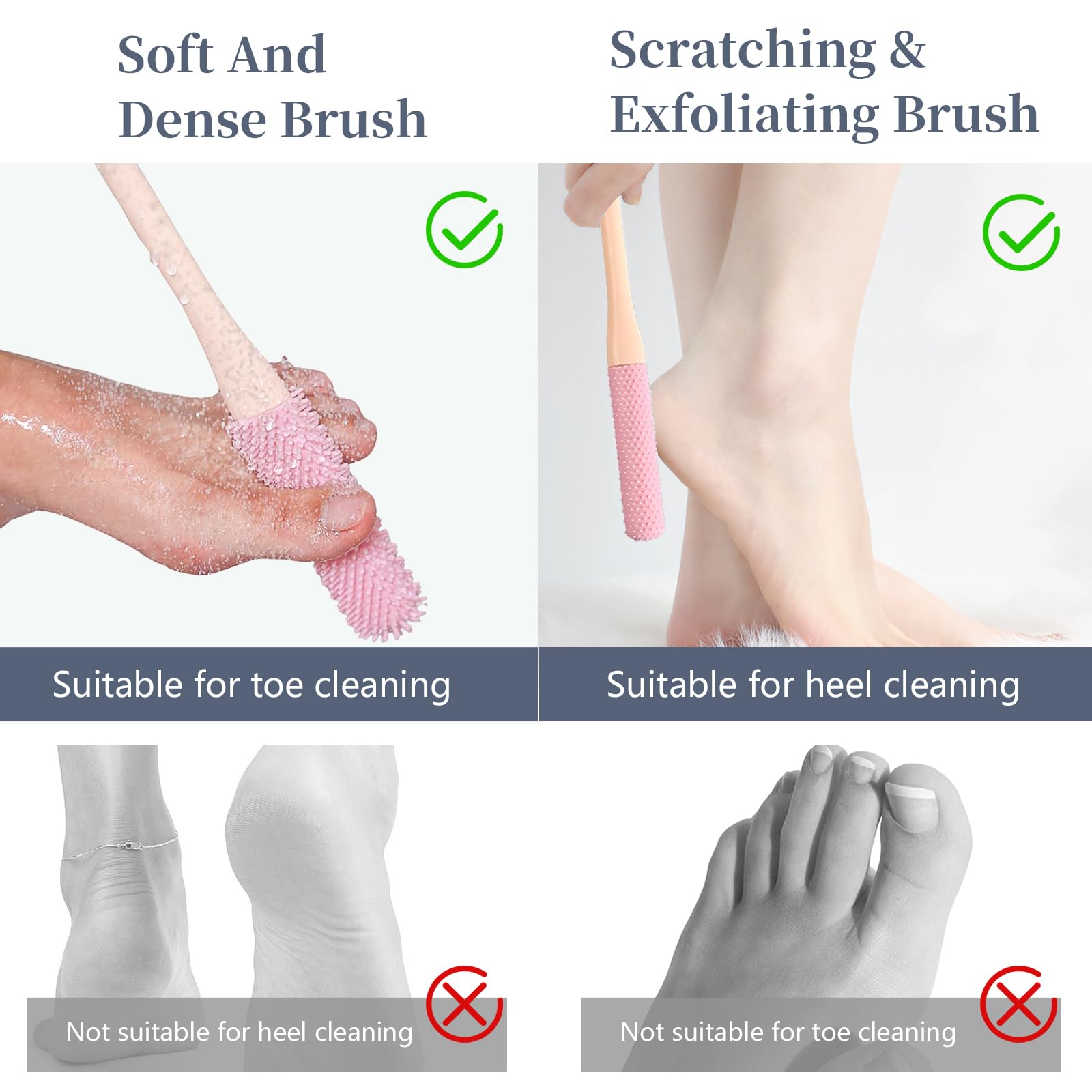 Confezione da 2 spazzole per la pulizia delle dita dei piedi, in silicone, con manico lungo, spazzola esfoliante per la cura dei piedi, setole morbide, ideale per anziani, anziani, uomini e donne