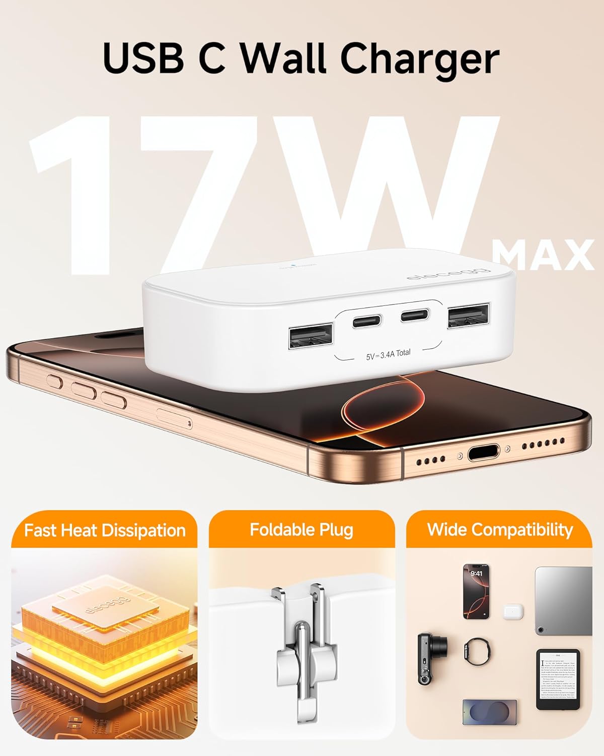 Slim Flat USB C Wall Charger,4 Ports Ultra Thin Foldable Wall Plug with Smart IC,Dual USB and Dual USB C Charger Block for iPhone, iPad, iPod, Android,Samsung Galaxy,and More - Image 8