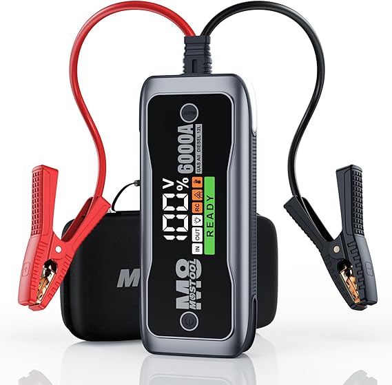 MOSTOOL M8 6000A Car Battery Jump Starter with Smart HD Display, 12V 24000mAh Battery Jump Pack, Portable Jump Box with Jumper Clamps 400-Lumen LED, Rugged Kit for All Gas & Up to 12.0L Diesel