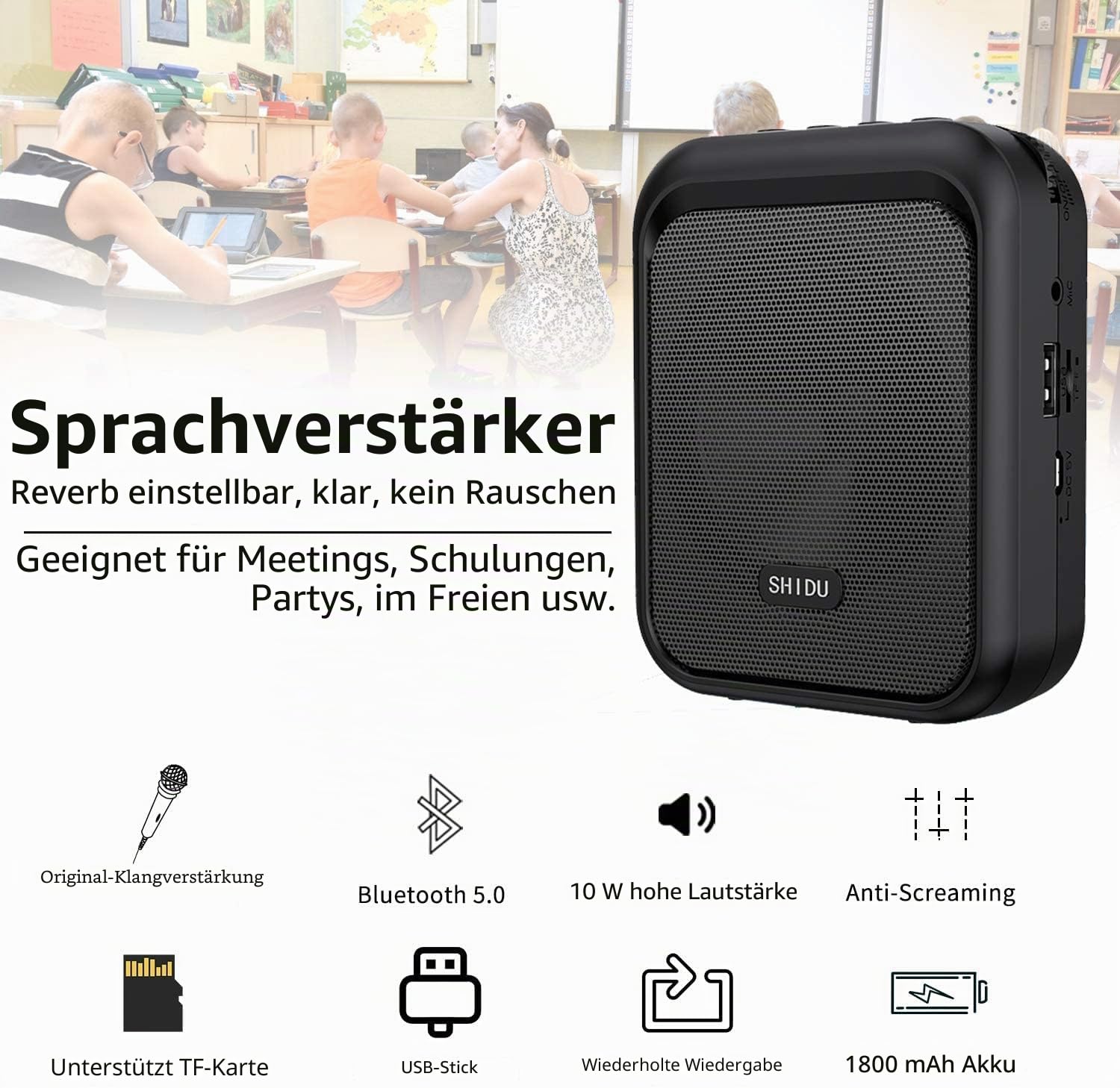 SHIDU Sprachverstärker Tragbarer wiederaufladbarer Bluetooth-Lautsprecher mit kabelgebundenem Mikrofon-Headset 10W 1800mAh PA-System Unterstützt Audio im MP3-Format für Lehrer, Taxifahrer, Reiseleiter