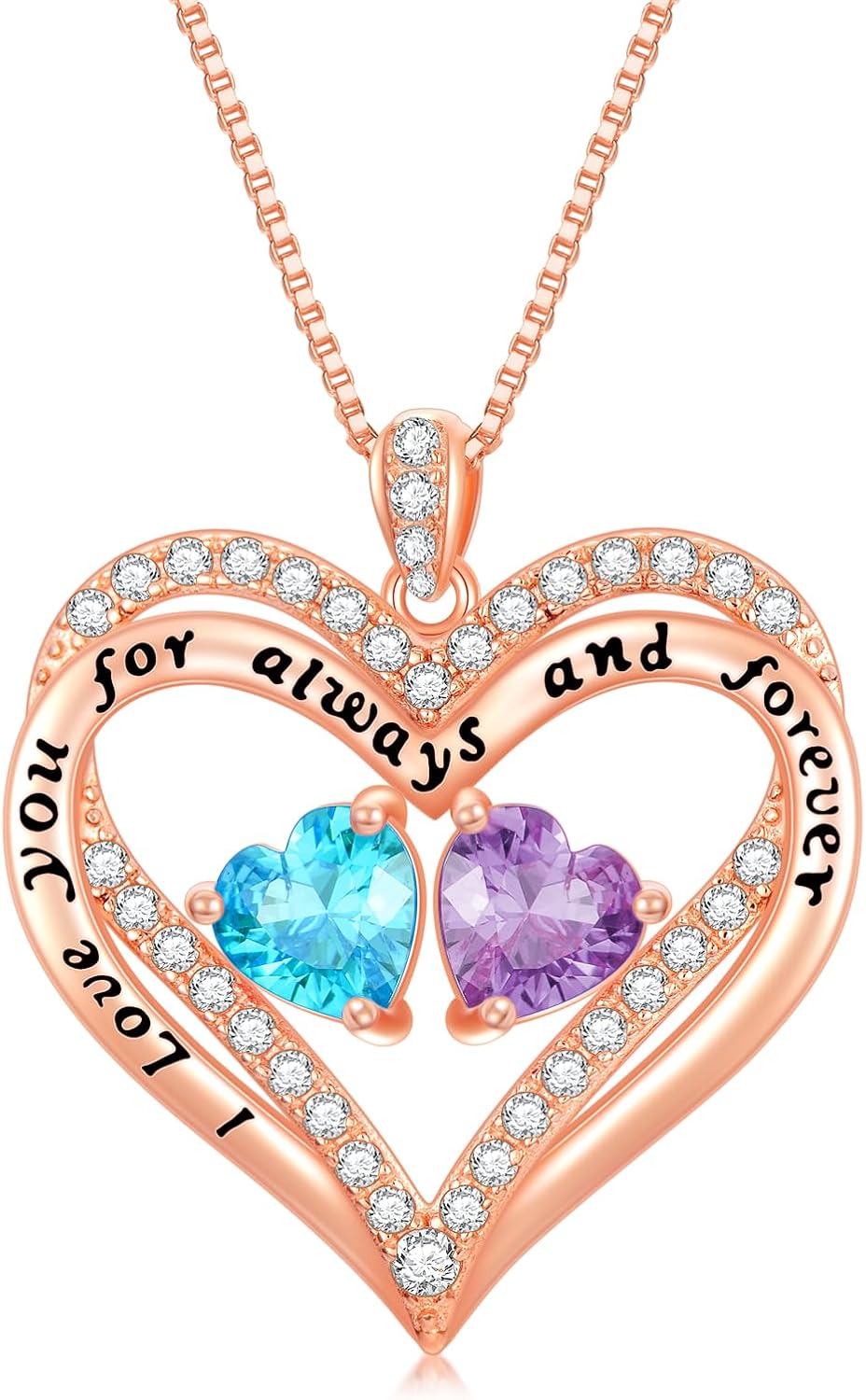 Heart Pendant Necklace I Love You for Always and Forever 12 Months Birthstone Necklace 18k Rose Gold Plated Double Heart Necklace Christams Valentine's Day, Mother's Day, Birthday