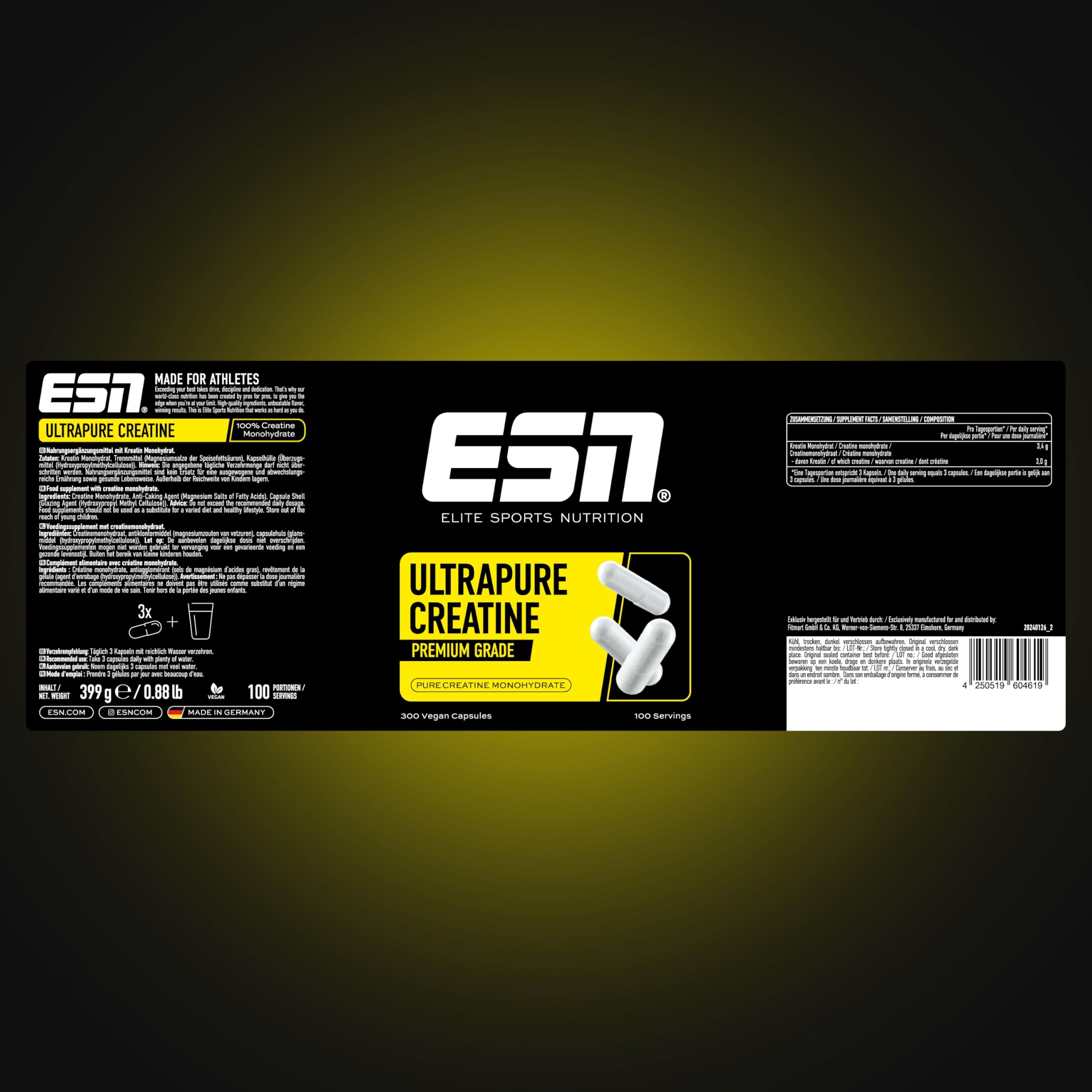 ESN Ultrapure Creatine Monohydrate, 300 Kapseln, 100 Portionen, Kreatin Kapseln, mikrofein & perfekt löslich, vegan - made in Germany