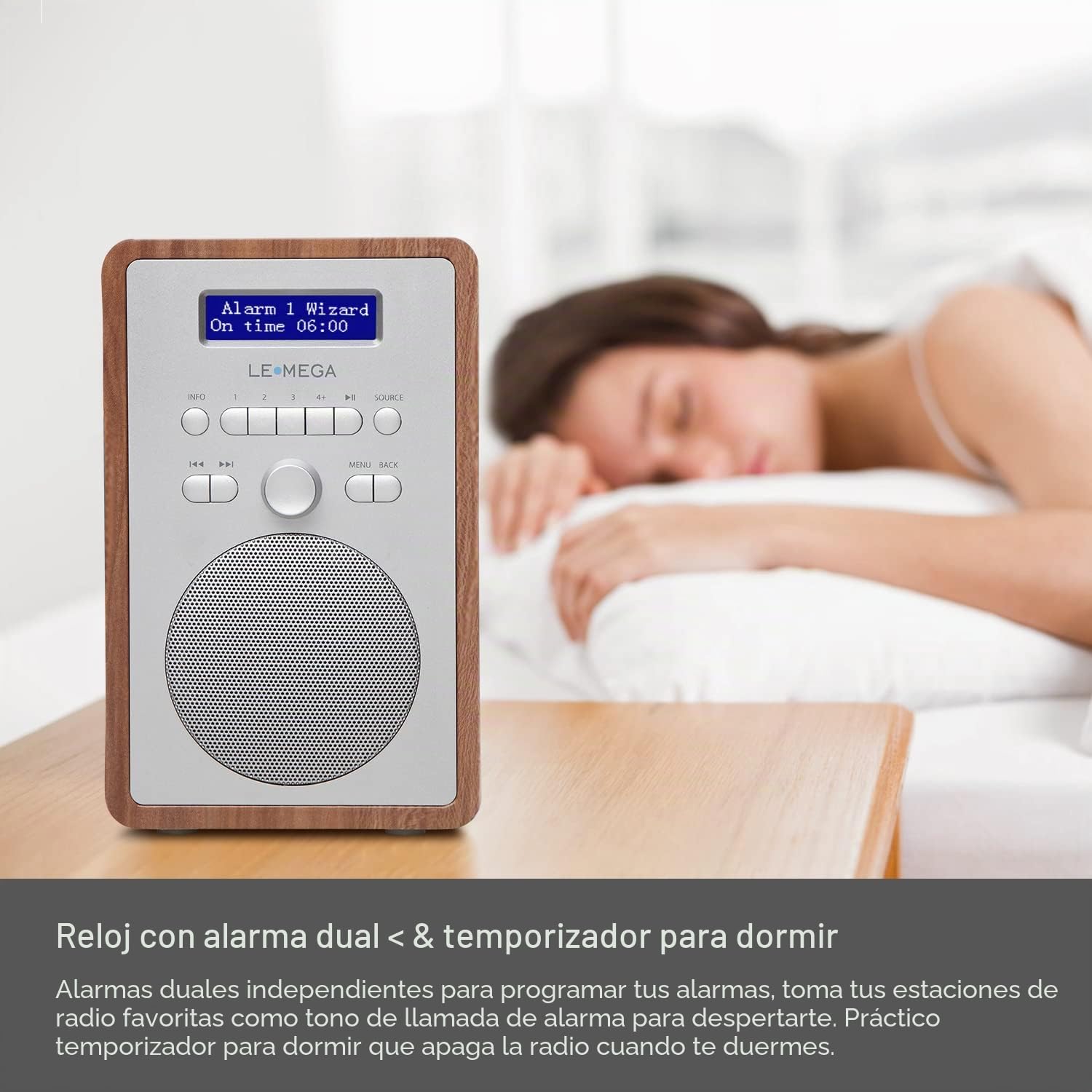 LEMEGA CR2+ Radio Dab/Dab+/FM, Red Eléctrica, Alarma, Nogal