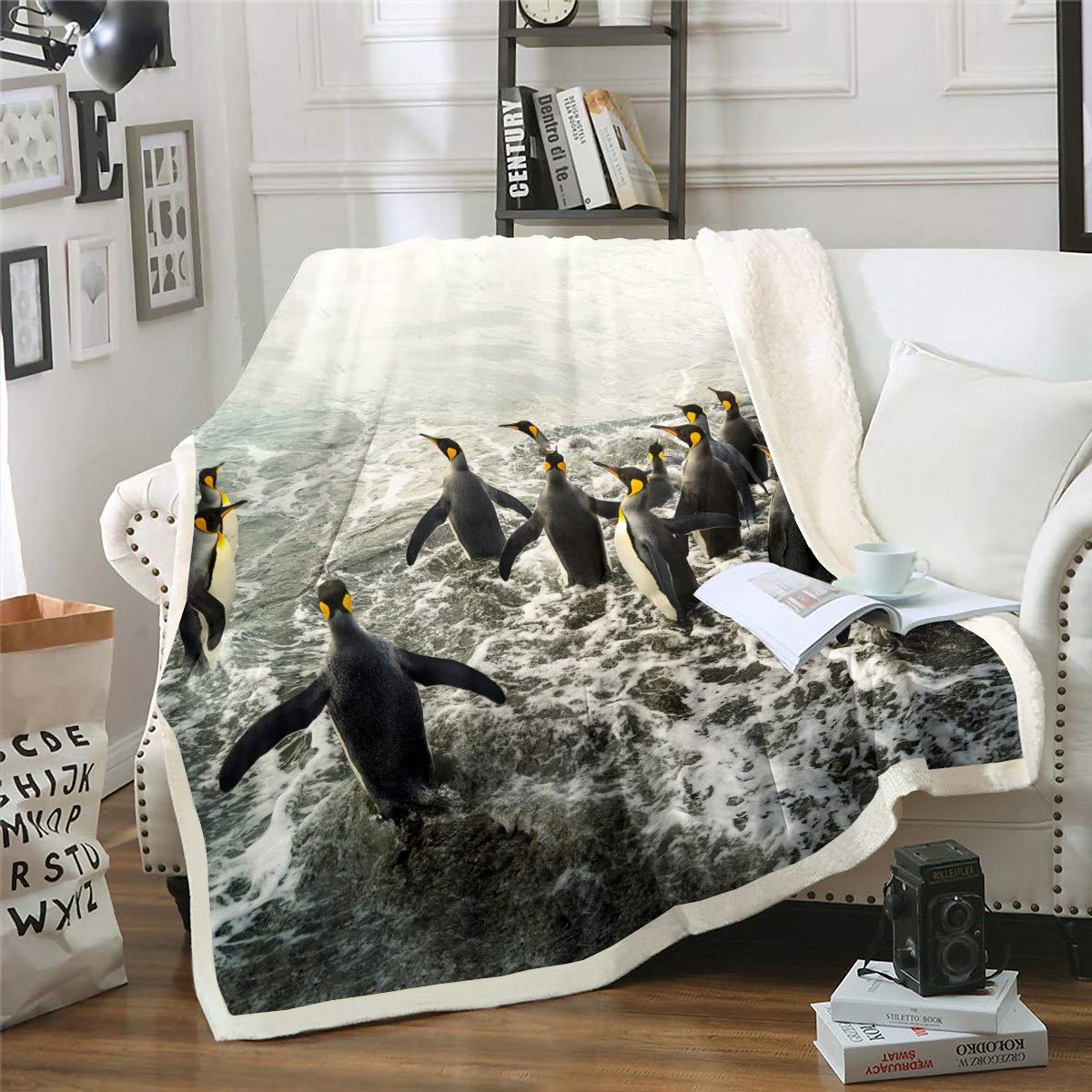 Loussiesd Cute Penguin Fleece Throw Blanket for Sofa Bed Funny Animal Printed Decorative Lovely Polar Animal Sherpa Blanket Sea Printed King 87x94 Inch