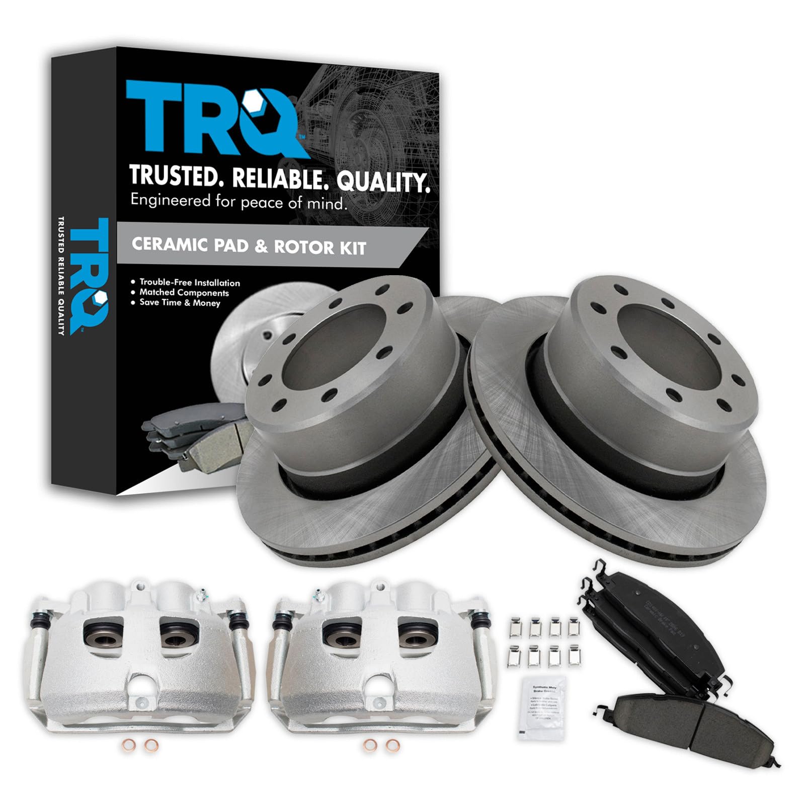 TRQ Rear Brake Pad, Caliper, &amp; Rotor Kit Ceramic Vented Compatible with 2009-2010 Dodge Ram 2500, 3500 2012 Ram 1500 2011-2018 2500 3500