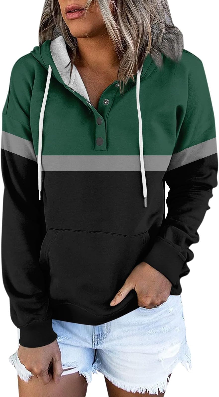 FlekmanArtWomen Button Down Hoodies Drawstring Hooded Sweatshirts Trendy Color Block Pullover Casual Workout Daily Clothes