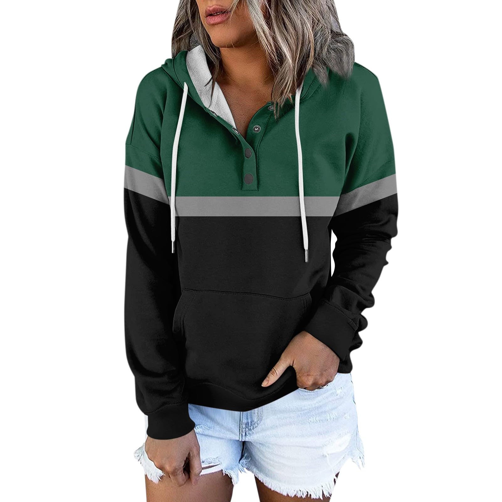 FlekmanArtWomen Button Down Hoodies Drawstring Hooded Sweatshirts Trendy Color Block Pullover Casual Workout Daily Clothes