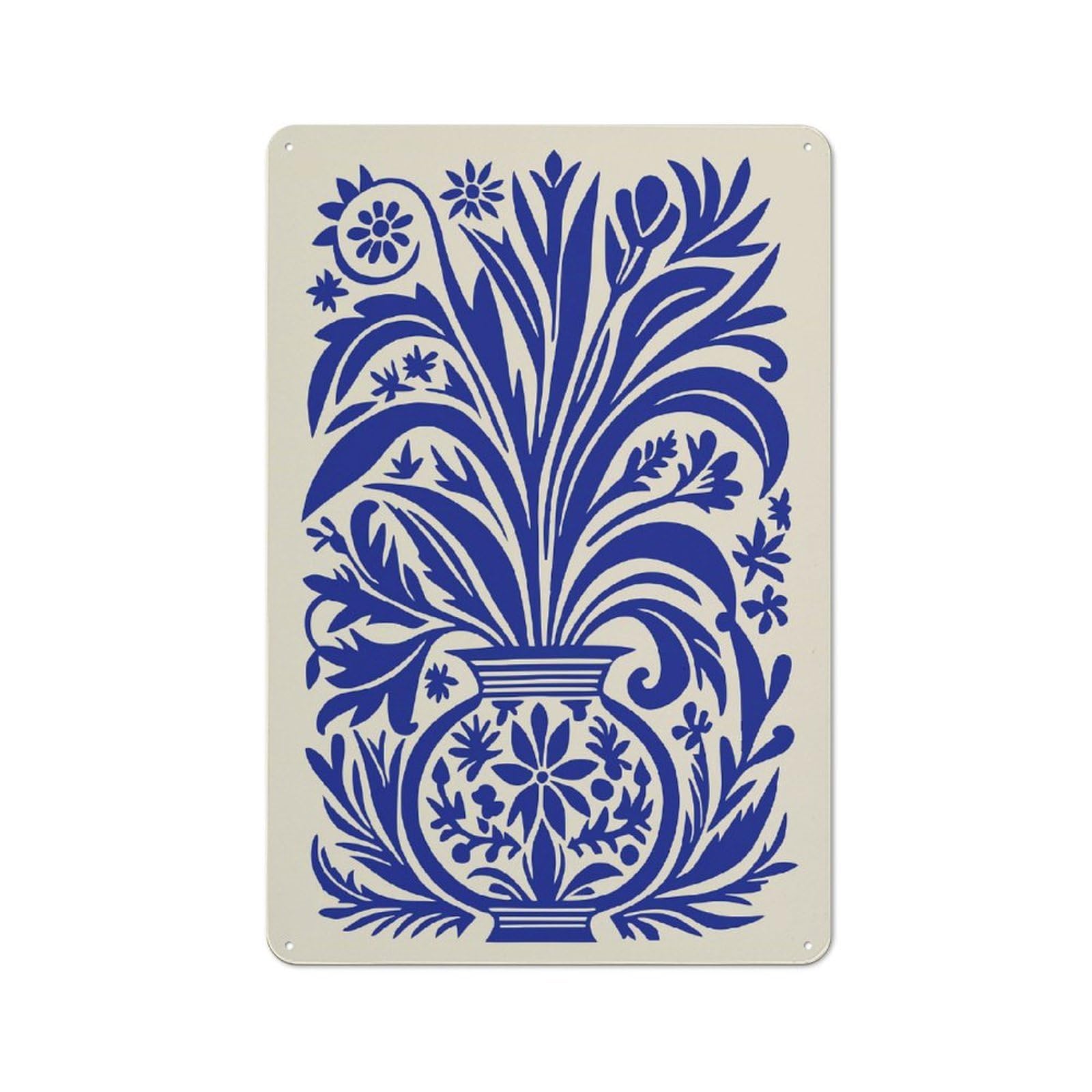 Junmoney Style-13 Tin Wall Plaque 30X20cm With Blue Floral Vase Illustration For Pub Or Café, For Hospitality Wall Decor Collectors