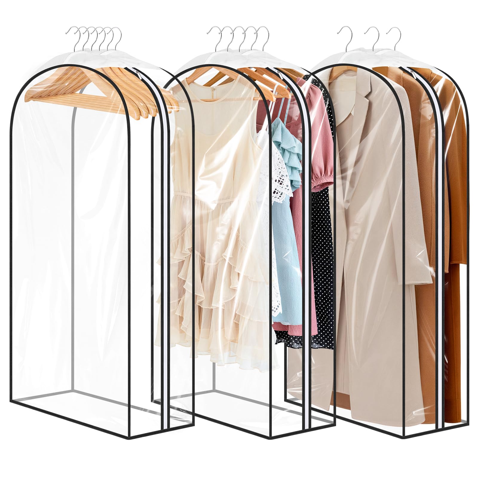 Alyvisun 3PCS Clear Garment Bags with Side-zips, Hanging Dress Bag Large Capacity 110cm/43in, Waterproof Clothes Covers Protector for Closet Storage, Shirts, Coats, Dresses, Suit Holder