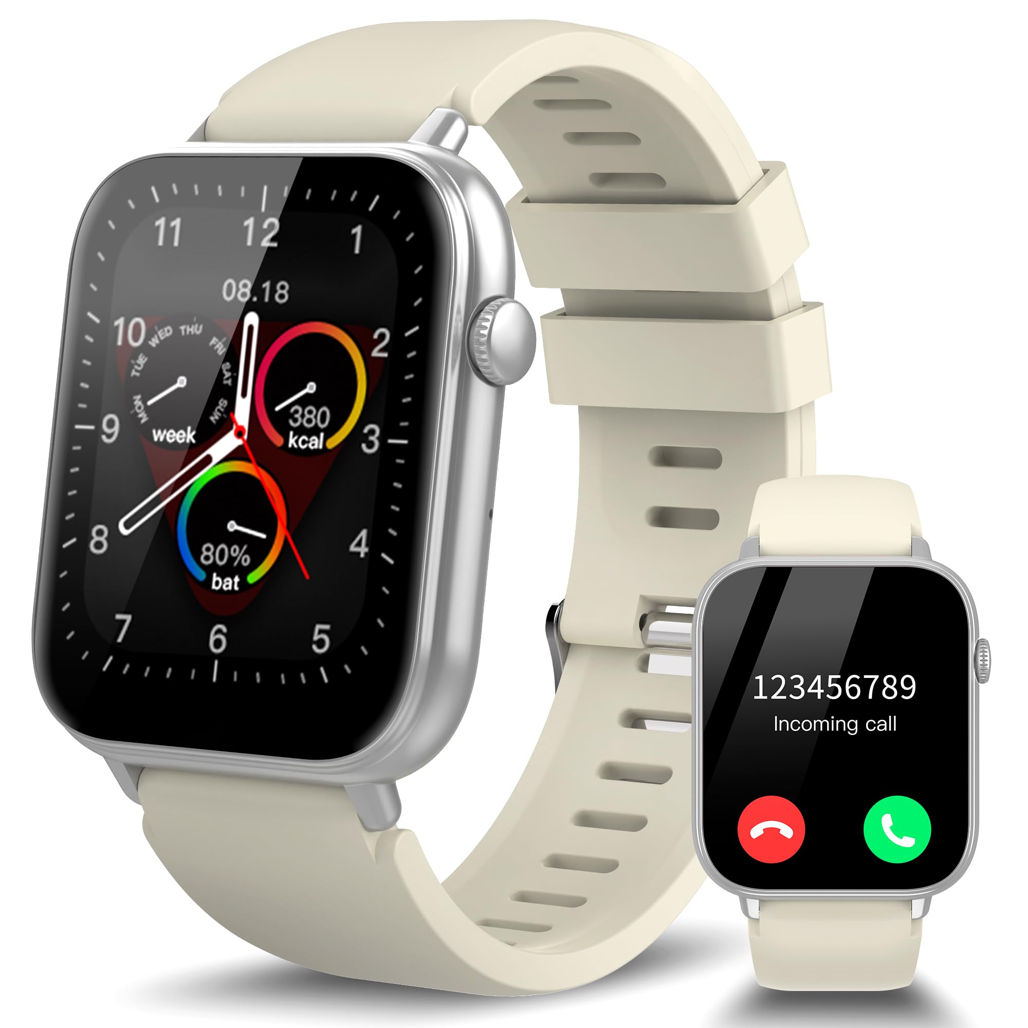 STECEi Smartwatch für Herren & Damen, 1,85'' HD Display, Bluetooth-Anruf entgegennehmen/tätigen, 112 Sportmodi, Fitnessuhr mit Schrittzähler/Schlafanalyse/Pulsmesser, IP68 wasserdicht, Blanco