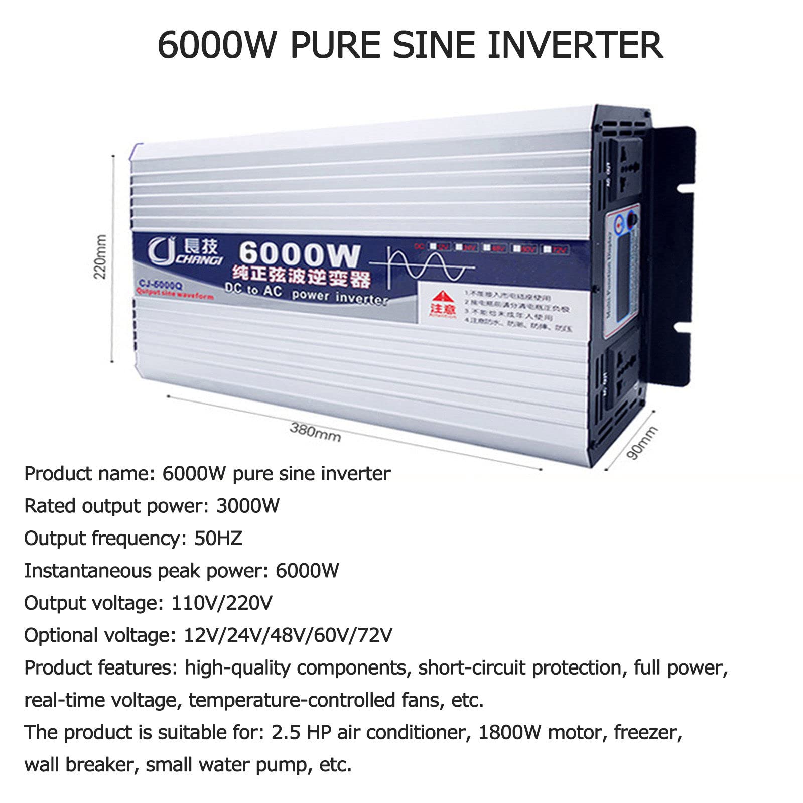 Inverter di Potenza 6000W 8000W 10000W 12000W Inverter Pure Sine Wave Dc 12V 24V 48V 60V 72V A 110V 220V AC Inverter Onda Pura con Prese Ca E Display LCD,6000W-48Vto220V