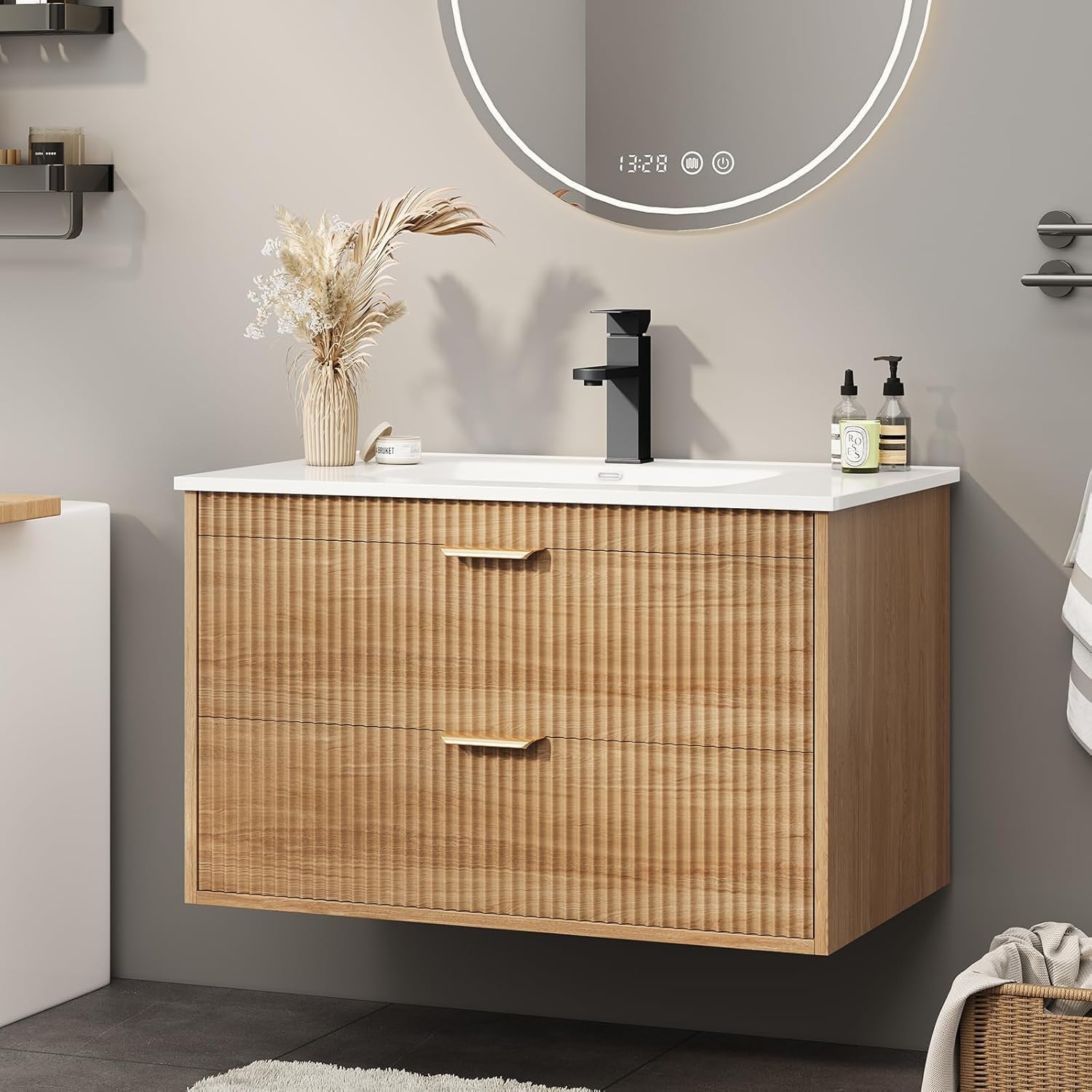 Vabches 24 Inch Bathroom Vanity with Sink, Wood Grain Wall Mounted Vanity with 2 Storage Darwers, Floating Bathroom Vanity with Storage, Bathroom Floating Vanity with Sink, Faucet, Drain, Oak