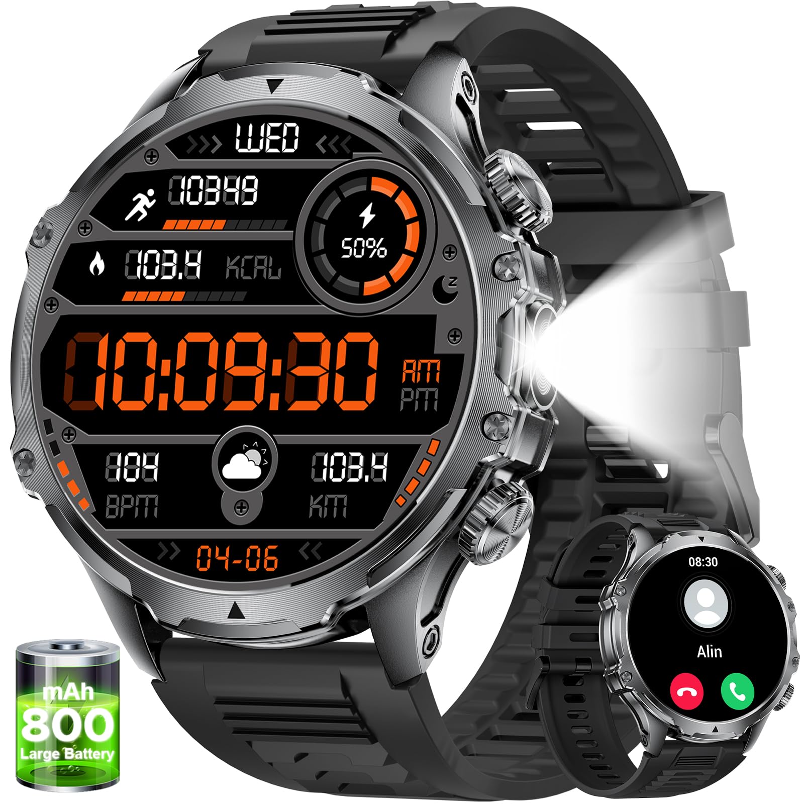 HIRREO Smartwatch Uomo con Militare, da 1,85 HD Grande Schermo/ 800 mAh Batteria/LED Lampada, 5 ATM Impermeabile Smartwatch Uomo con 100+ Modalità Sportive, 24/7 Monitor di Frequenza Cardiaca e Sonno