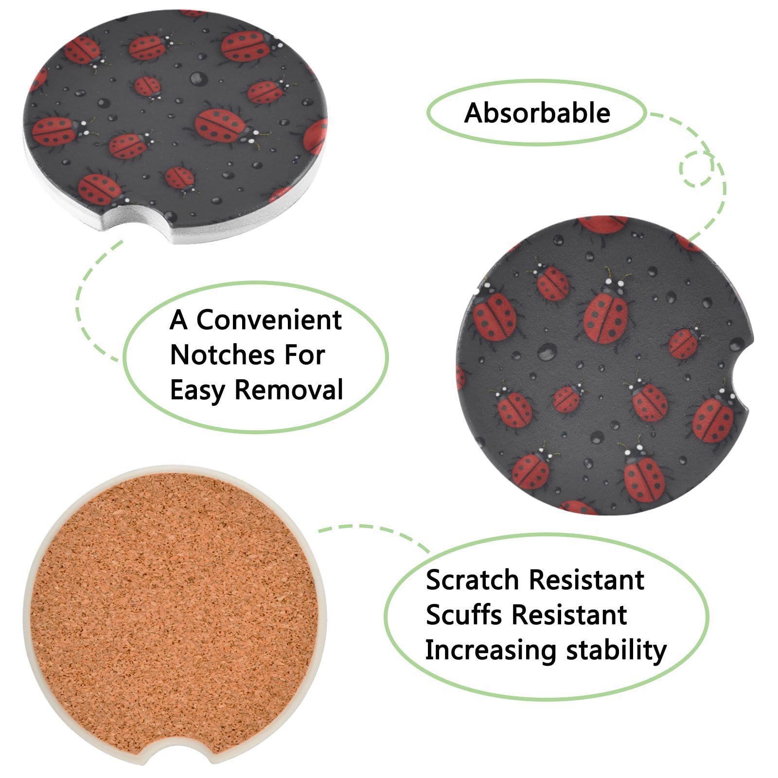 KEEPREAL 2 Pack Red Ladybugs Car Coasters for Drinks Absorbent, Ceramic Car Cup Holder Coaster for Your Car with Fingertip Grip, 2.5 inch