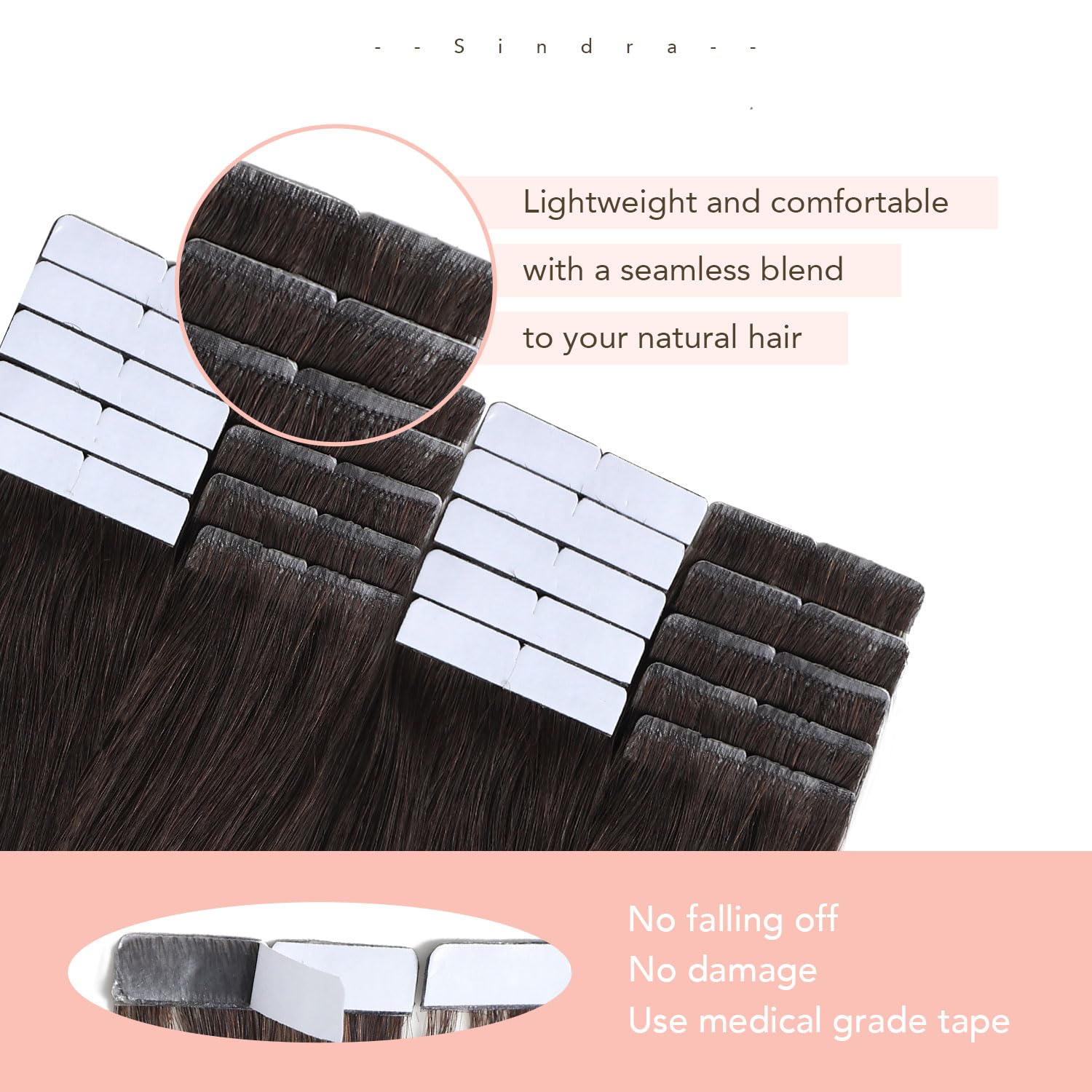 Sindra Extension Cheveux Naturel Adhesif Marron Foncé 55cm