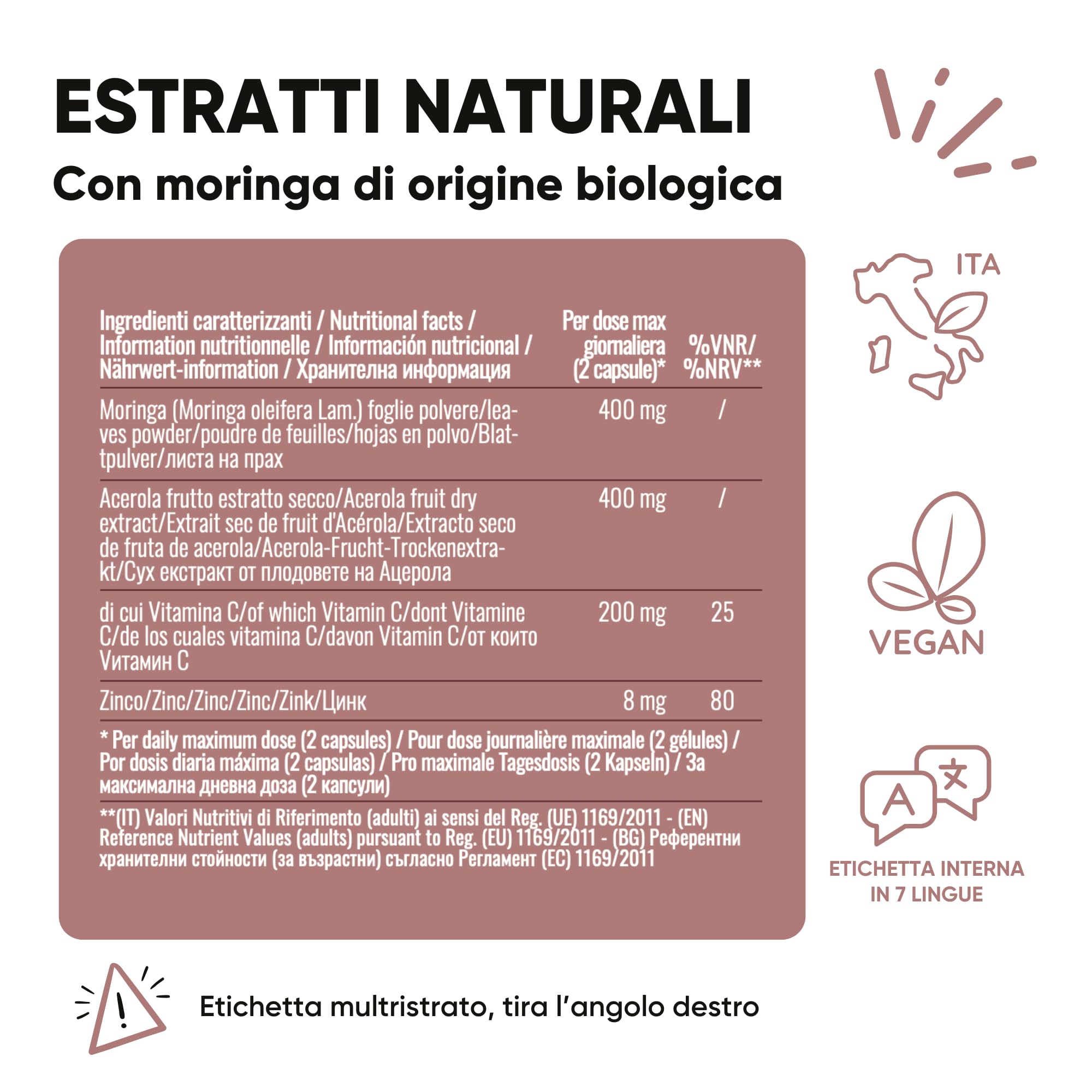 Integratore Difese Immunitarie Acerola e Moringa - Vitamina C 100% naturale - Adatto ad Adulti e Bimbi - Rafforza il Sistema Immunitario naturalmente con Moringa, Acerola e Zinco | 180 Capsule