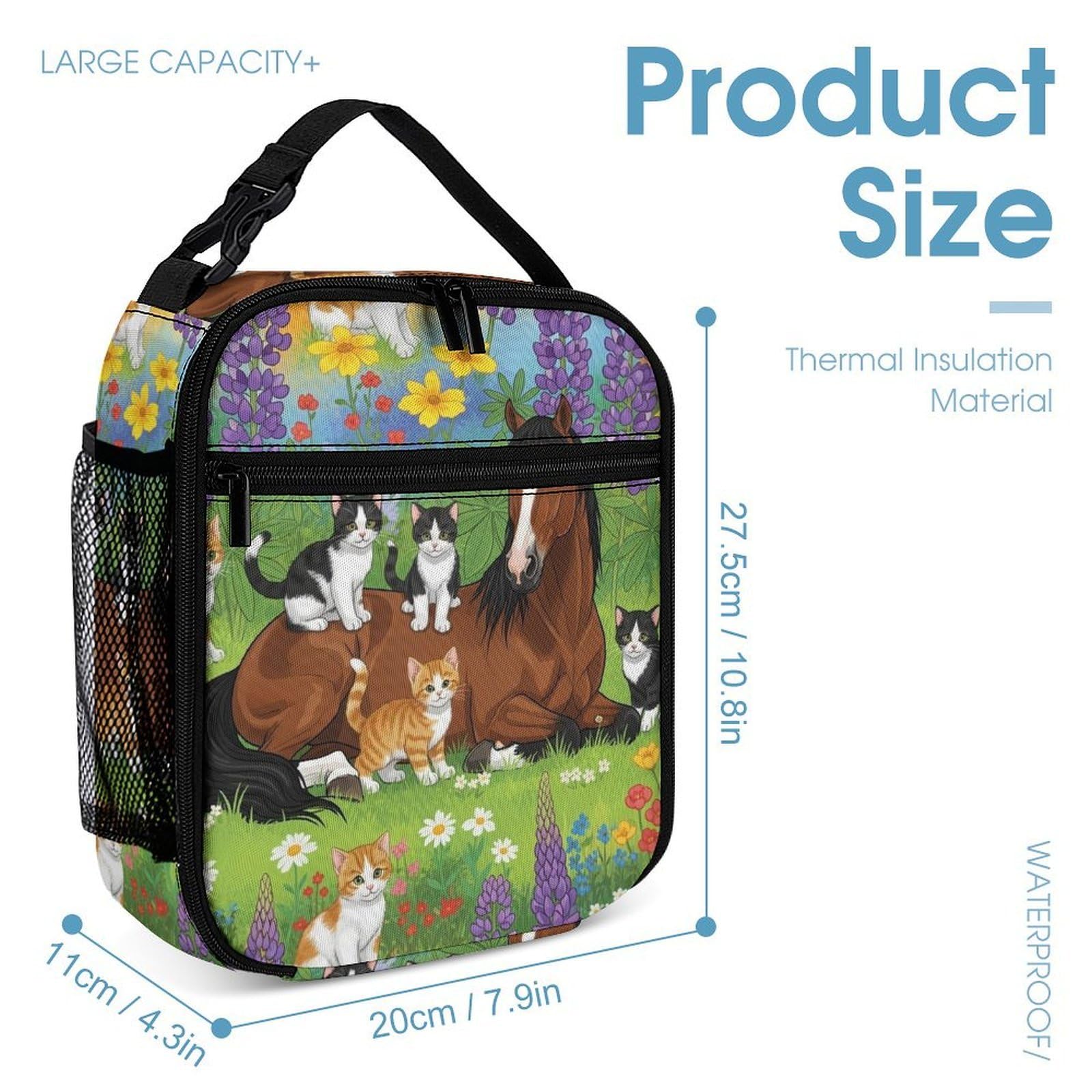 Conjunto de mochila con estampado de flores, caballo y gato, que incluye fiambrera, neceser y estuche de maquillaje.