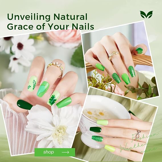 Morovan Green Nail Polish Set: Glitter Emerald Dark Green Spring Summer Fingernail Polish Kit Neon Lime Flash Air Quick-Dry Nail Polish Pack for Nail Art Manicure Gift Holiday Party for Women Girls