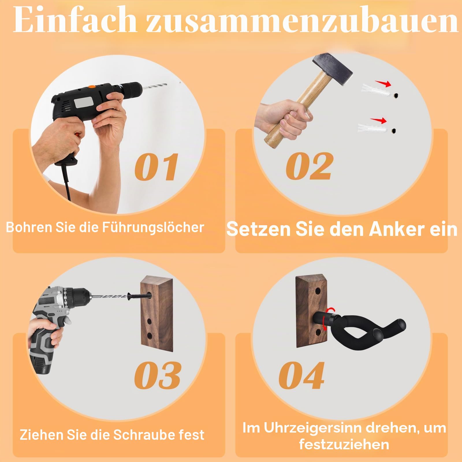 Gitarrenhalterung Wand im 4er-Pack, Gitarrenhalter für die Wand mit verstellbarem weichem Gitarrenhaken für Gitarren aller Größen, U-förmiger Gitarrenhalter aus Hartholz für Akustikgitarre, E-Gitarre