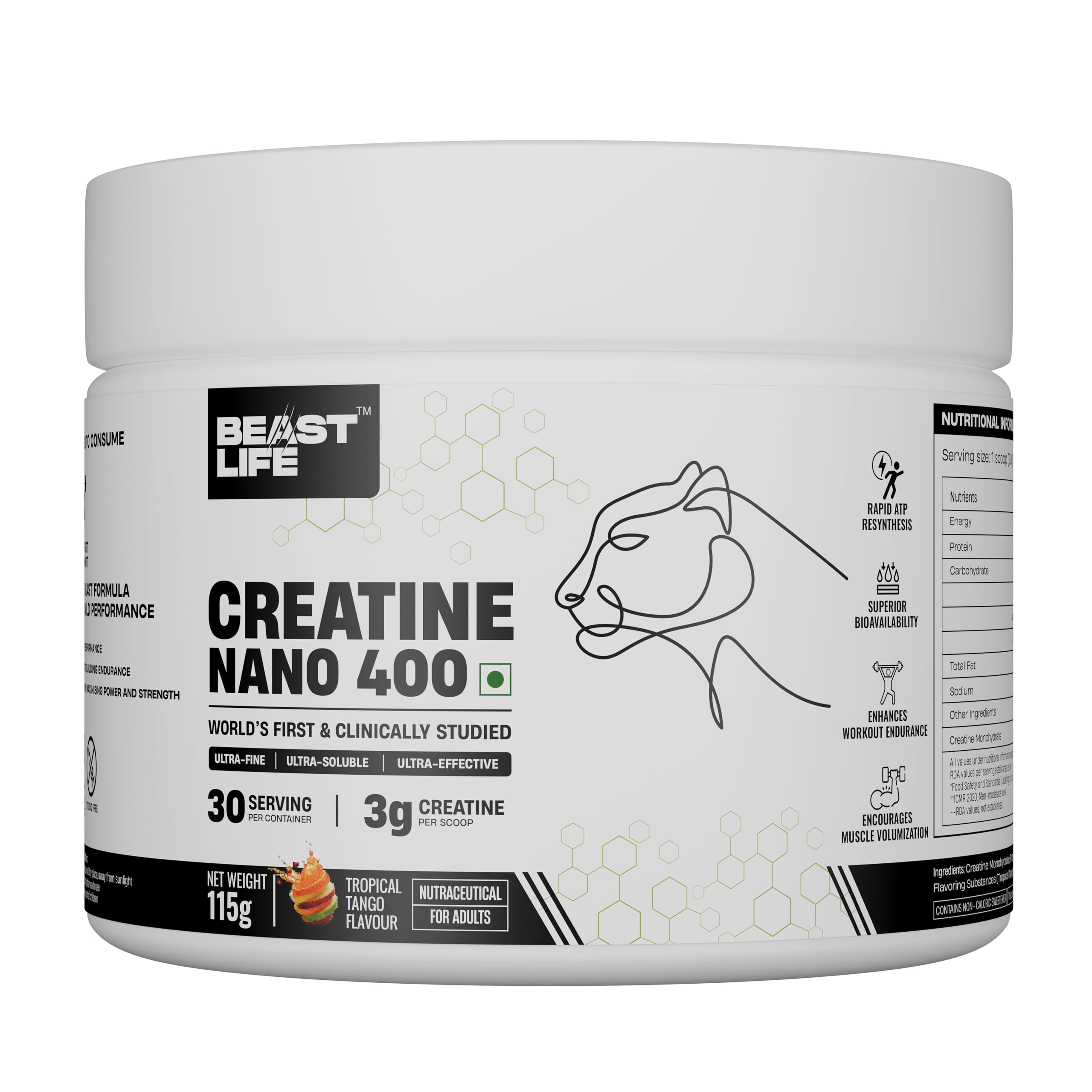 BeastLife Creatine Nano 400 | Tropical Tango| 115 Gm | 30 Serving | World’s First Finest & Clinically Studied Creatine | Ultra Fine, Ultra Soluble, Ultra Effective | Zero Sugar | NABL Lab Tested | Premium Sports Nutrition for Strength & Performance