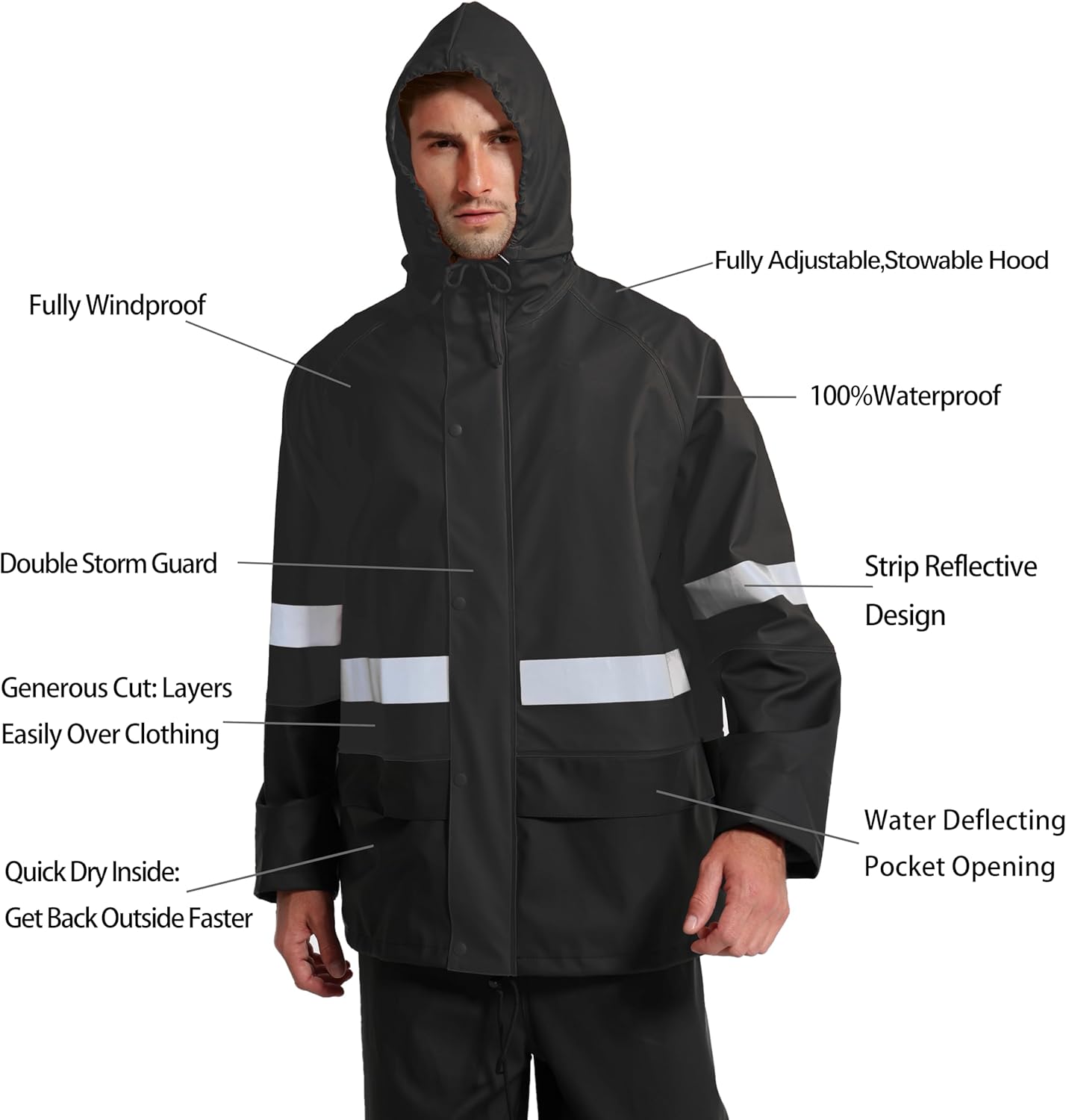 Men's Hi Vis PRO Workwear Waterproof 3-Piece Heavy Duty PU Reflective Rain Jacket, Hoodie & Bib Pants for Work and Safety