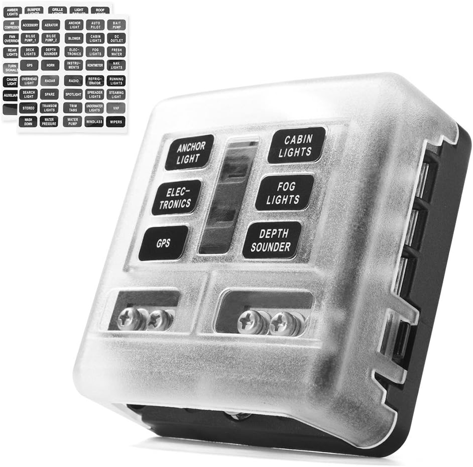 MICTUNING 6-Circuit Blade Fuse Block,6-Way Fuse Box Block Holder with LED Indicator Waterproof Durable Protection Cover Sticker Lable For Automotive Car Boat Marine SUV BUS Subway