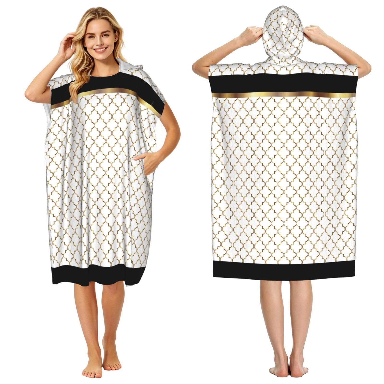Poadnly Elegant Black White And Gold Quatrefoil, Adult Hooded Beach Towel 90 x 110 cm,Changing Bath Robe, Surf Poncho Towel For Women Men