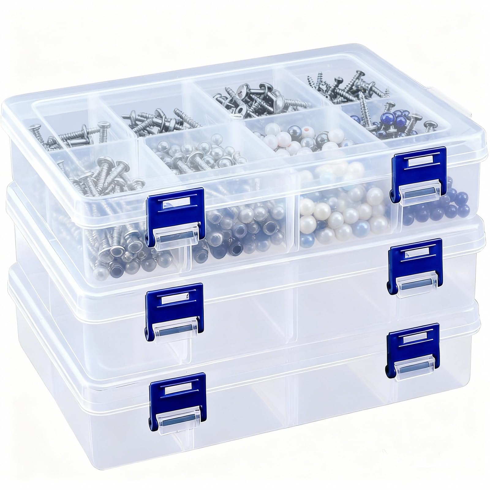 3Pcs Clear Craft Plastic Storage Boxes, Double Buckle Transparent Stackable Organisers Box with Adjustable Dividers, 8 Grids DIY Arts Grids Accessories Storage Boxes for Jewellery Crafts Button