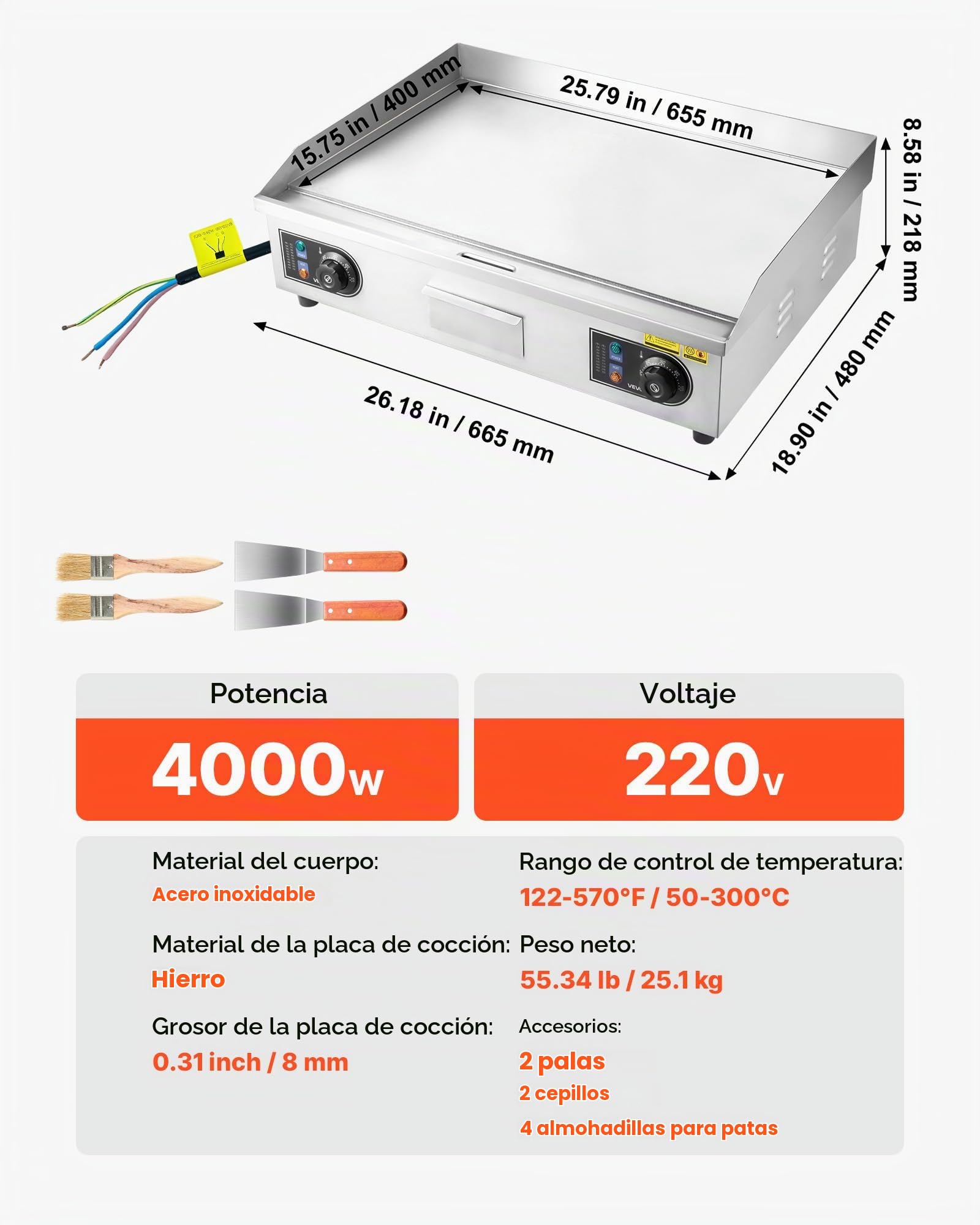 VEVOR Plancha Eléctrica 4000 W 655 x 400 mm, Control de Temperatura 50 a 300 °C, Parrilla de Encimera de Acero Inoxidable con Superficie Plana, 4 Almohadillas para los Pies, para Carne (Sin Enchufe)