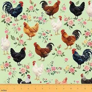 Manfei Colorful Chicken Fabric by The Yard Floral Farmhouse Rustic Girls Women Sewing Fabric Crafts Watercolor Style Rose Home Accents Crafting Supplies 1 Yard,36" Lx59 W Light Green
