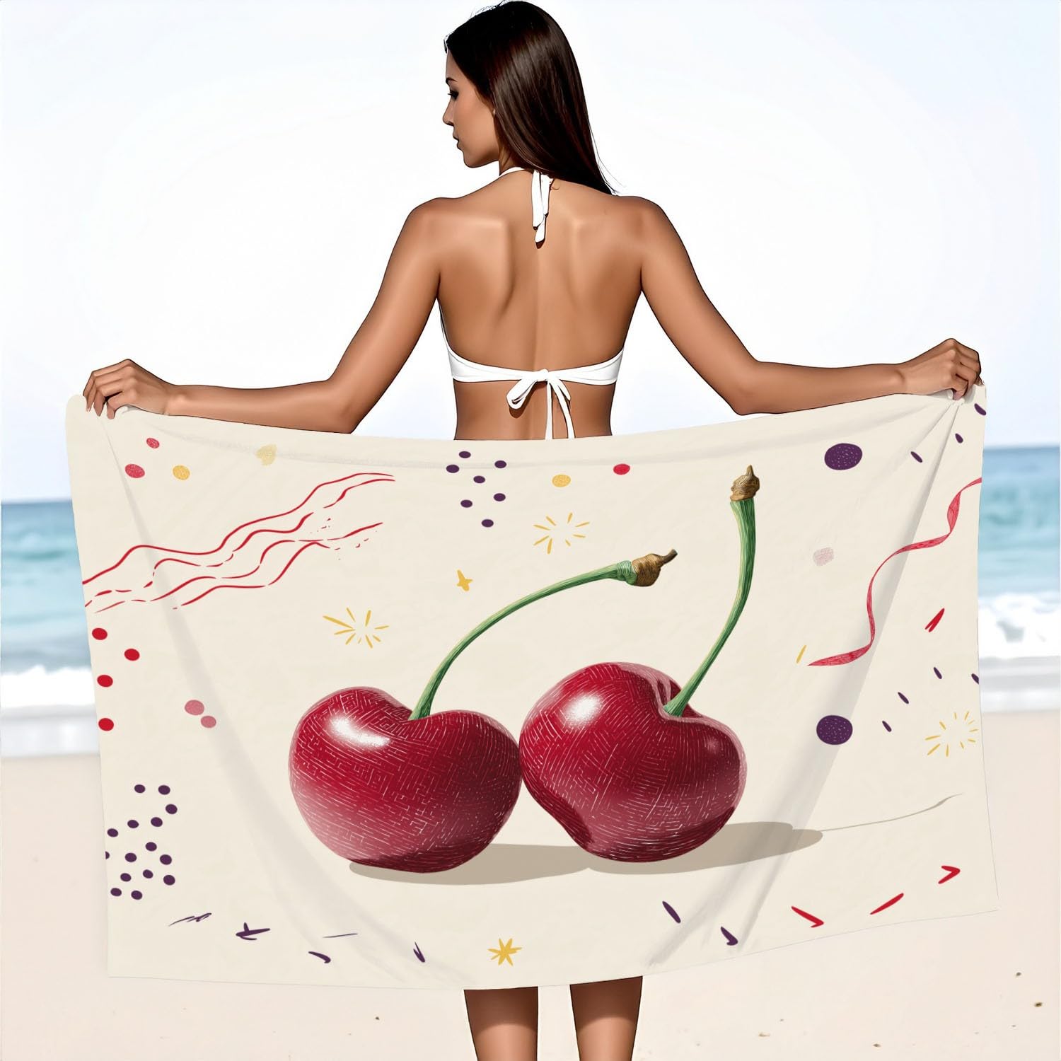 Handgezeichnet Strandtuch 230 x 210 cm - Strandtuch trandtuch Leichtdünn Weich Rote Kirschen, Wellenlinien,für Strand, Pool, Yoga, Picknick