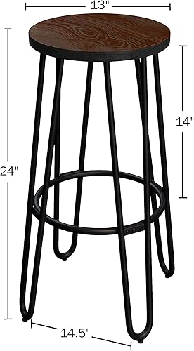 Miniatura 5 de Juego de 2 taburetes de bar – Taburetes de bar sin respaldo de 24 pulgadas de alto con patas de horquilla y asiento de madera para cocina, comedor o