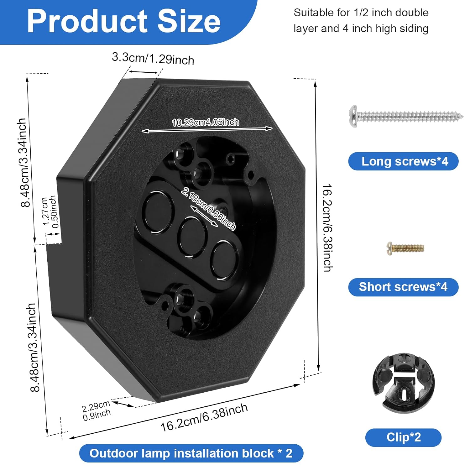 4Pcs Siding Mounting Block, Sturdy Siding Light Mounting Block Exterior Light Mounting Block for 1/2-inch Double-Layer and 4-inch-high Wainscoting Black