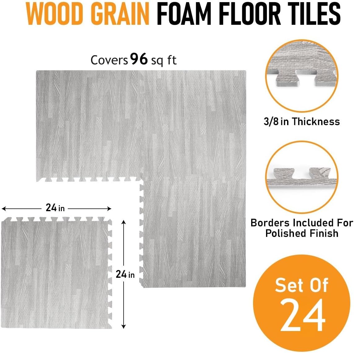 HomeCube USA 3/8 Inch Thick Interlocking Wood Grain Foam Floor Tiles for Home, Office, Workout Equipment Space, Commercial Areas, Anti-Fatigue Flooring Padding 24x24 in, Grey, 96 SQ Ft -24 Tiles